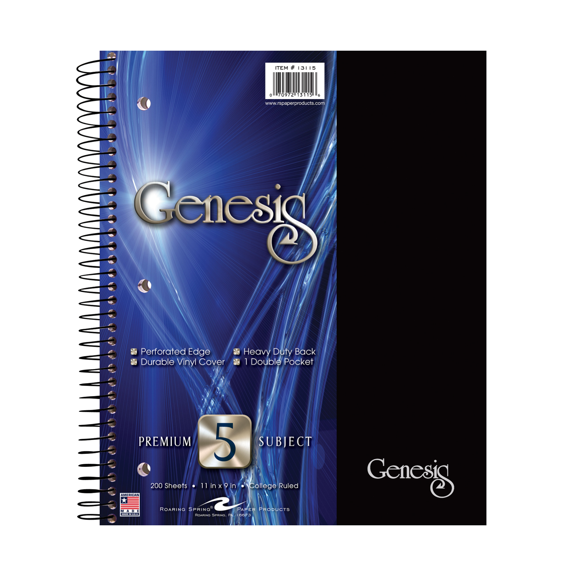 Genesis Five Subject Wirebound Notebook with One Double Pocket, College Ruled