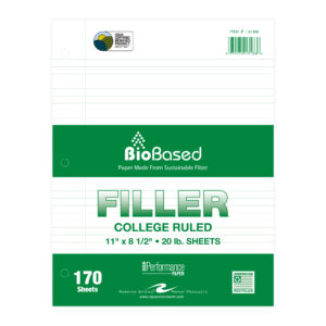 BioBased Recycled Loose Leaf Filler Paper, USDA Certified, College Ruled, White Paper, 170 Sheets
