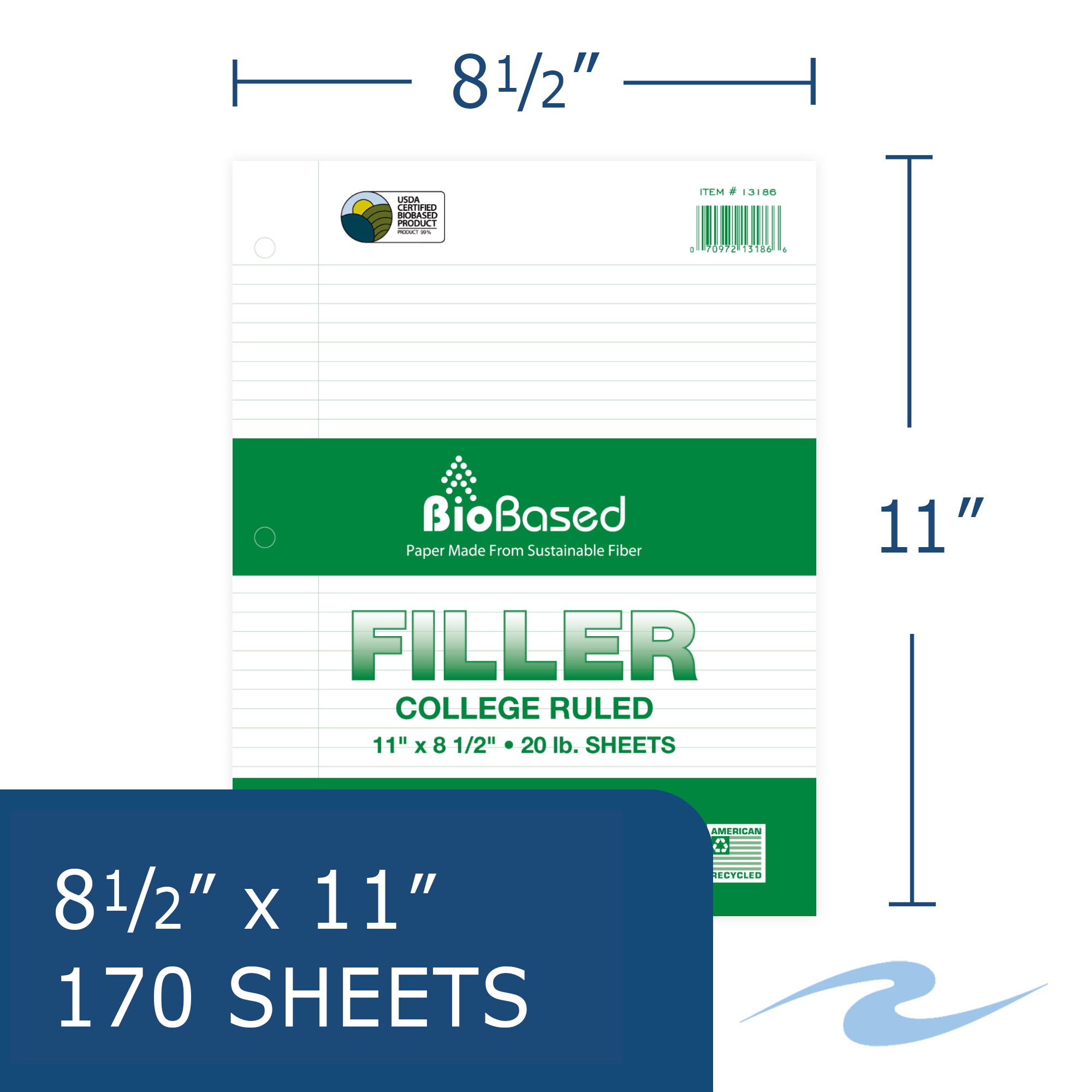 BioBased Recycled Loose Leaf Filler Paper, USDA Certified, College Ruled, White Paper, 170 Sheets