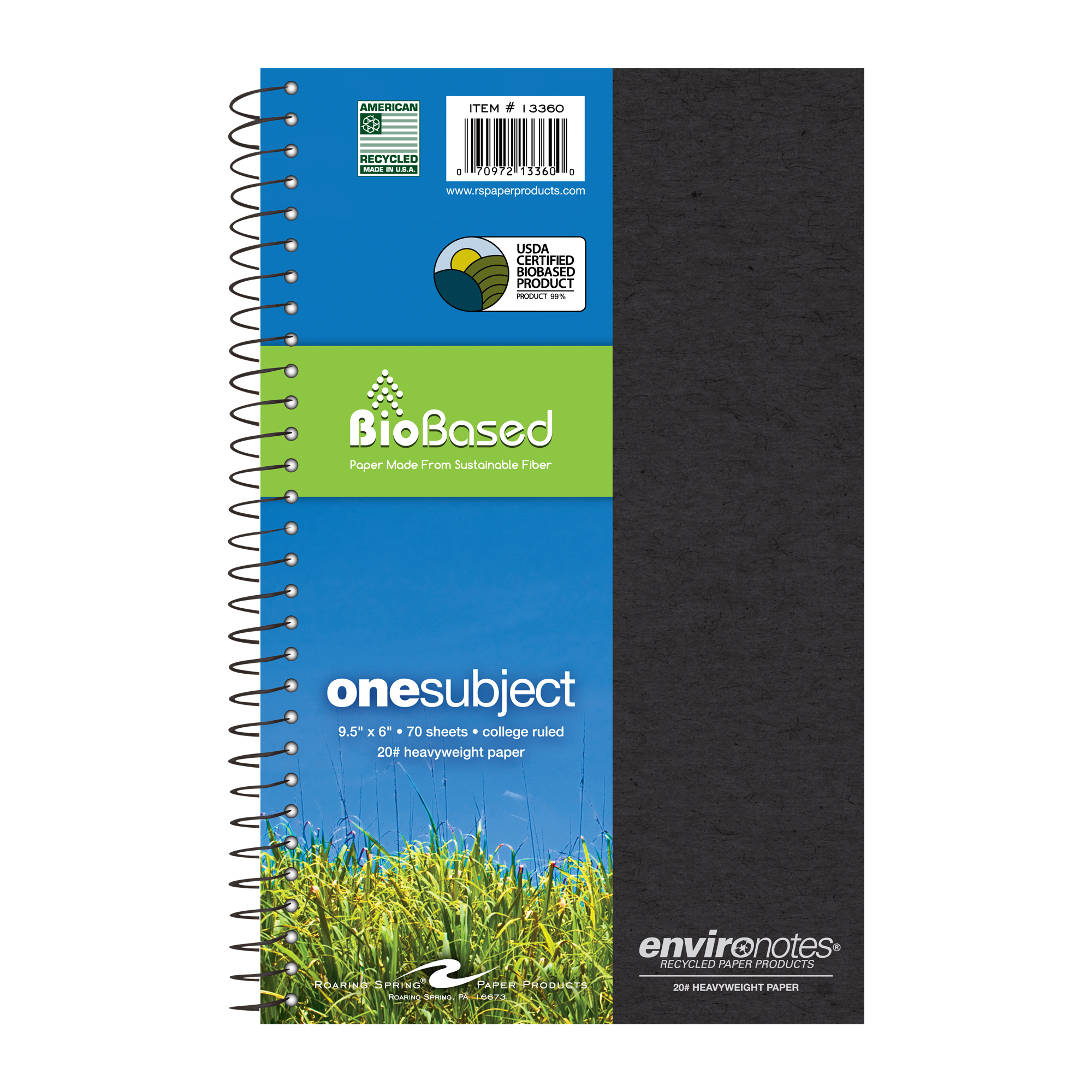 Environotes® Recycled 9.5" x 6.5" Personal Size Notebook with Heavyweight BioBased Paper, College Ruled