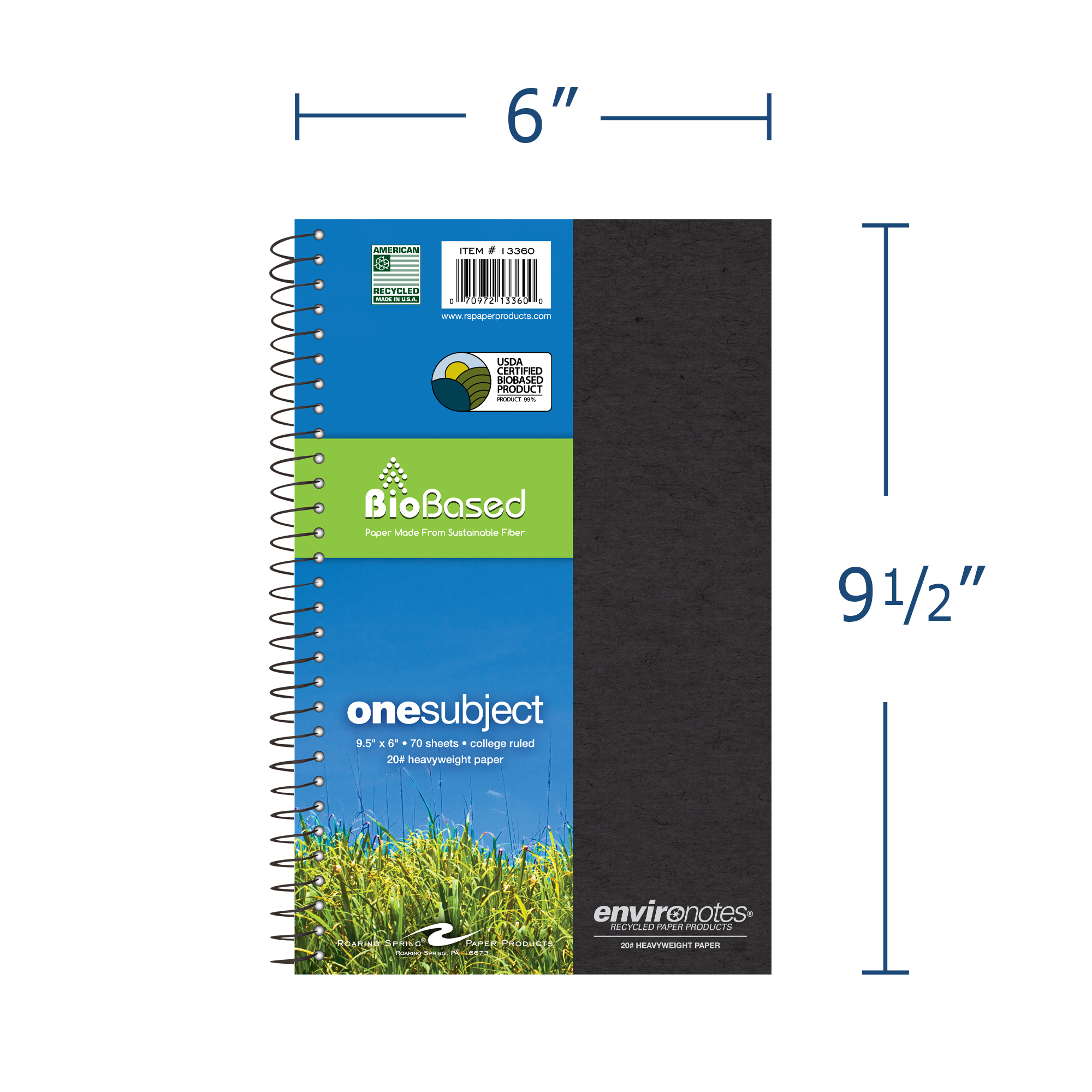 Environotes® Recycled 9.5" x 6.5" Personal Size Notebook with Heavyweight BioBased Paper, College Ruled