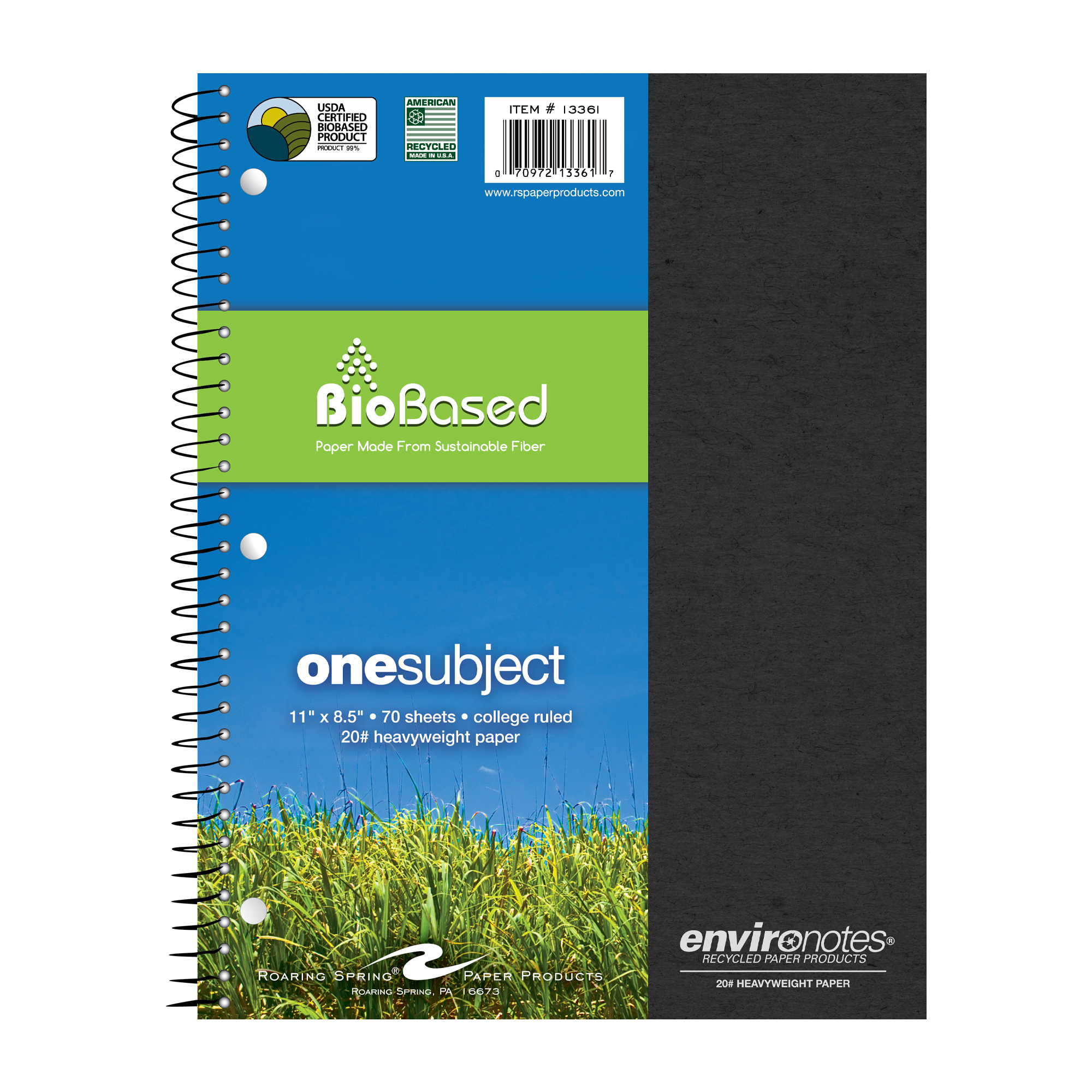 Environotes® Recycled One Subject Wirebound Notebook with Heavyweight BioBased Paper, College Ruled,11" x 8.5"