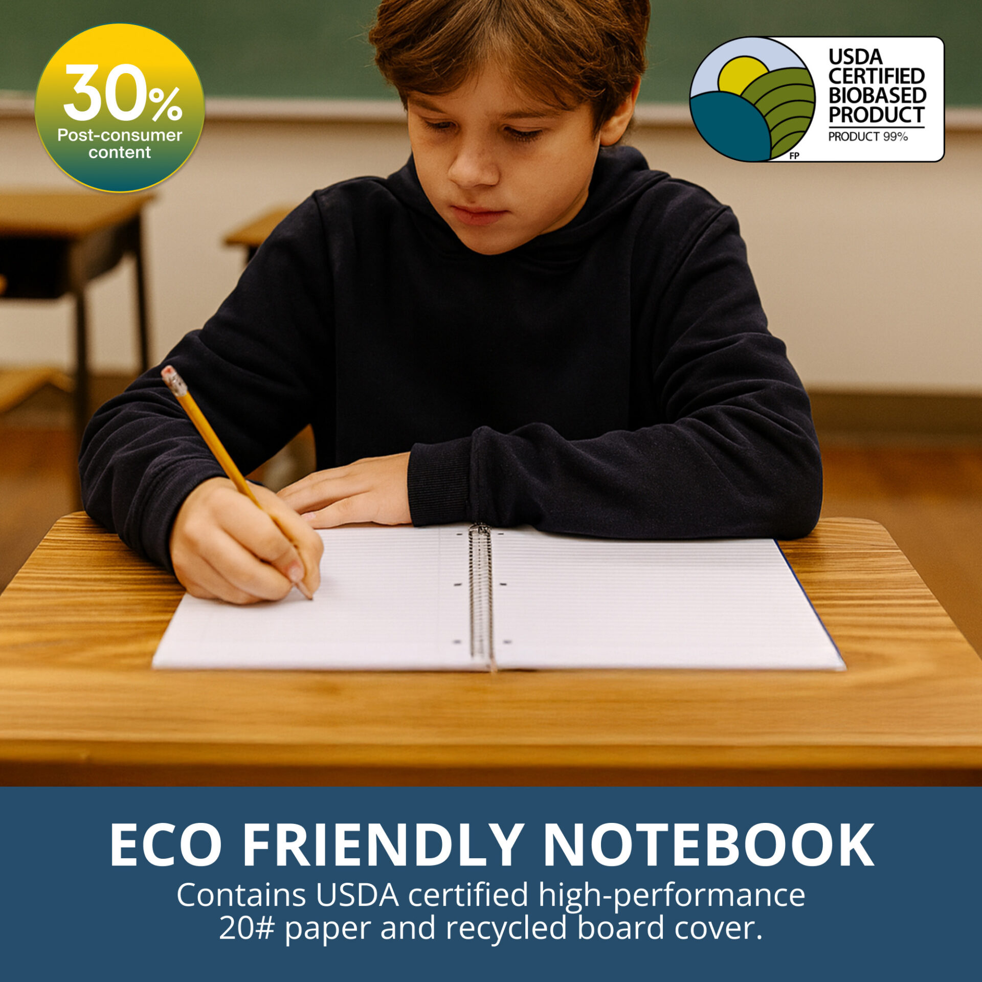 Environotes® Recycled One Subject Wirebound Notebook with Heavyweight BioBased Paper, College Ruled,11" x 8.5"