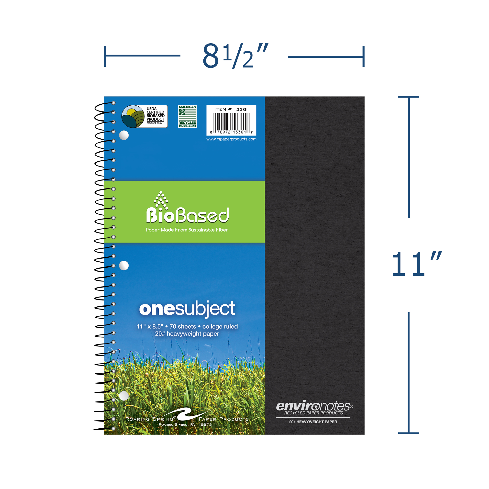 Environotes® Recycled One Subject Wirebound Notebook with Heavyweight BioBased Paper, College Ruled,11" x 8.5"