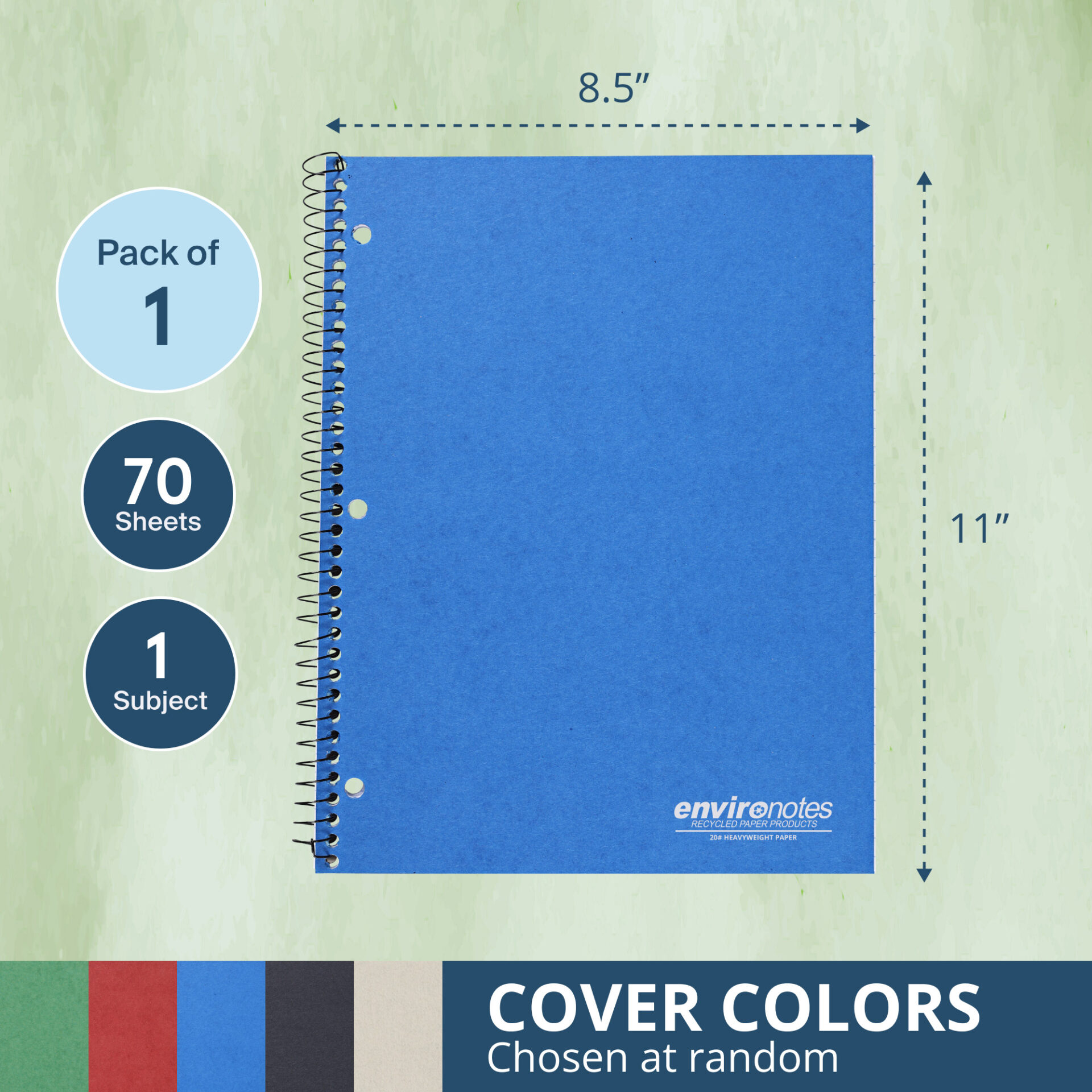 Environotes® Recycled One Subject Wirebound Notebook with Heavyweight BioBased Paper, College Ruled,11" x 8.5"