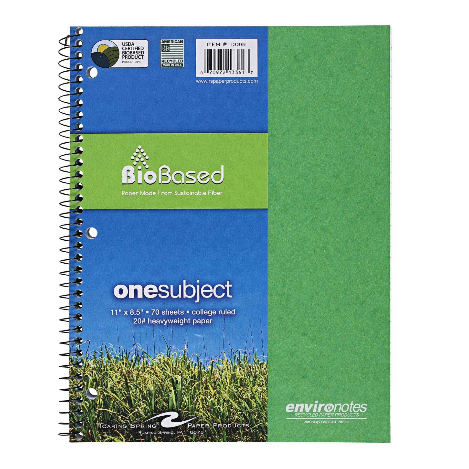 Environotes® Recycled One Subject Wirebound Notebook with Heavyweight BioBased Paper, College Ruled,11" x 8.5"