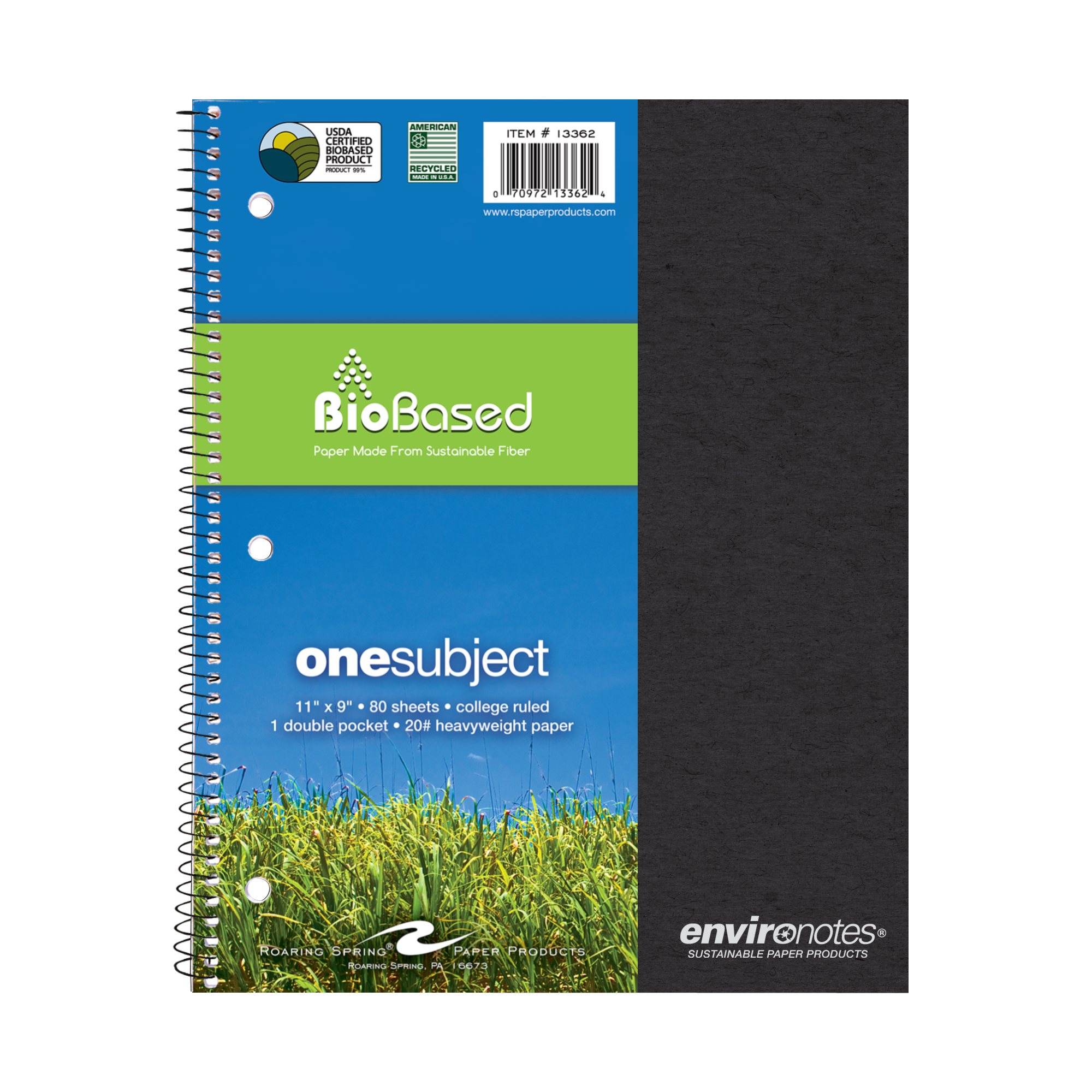 Environotes® Recycled One Subject Wirebound Notebook with Heavyweight BioBased Paper, College Ruled,11" x 9"