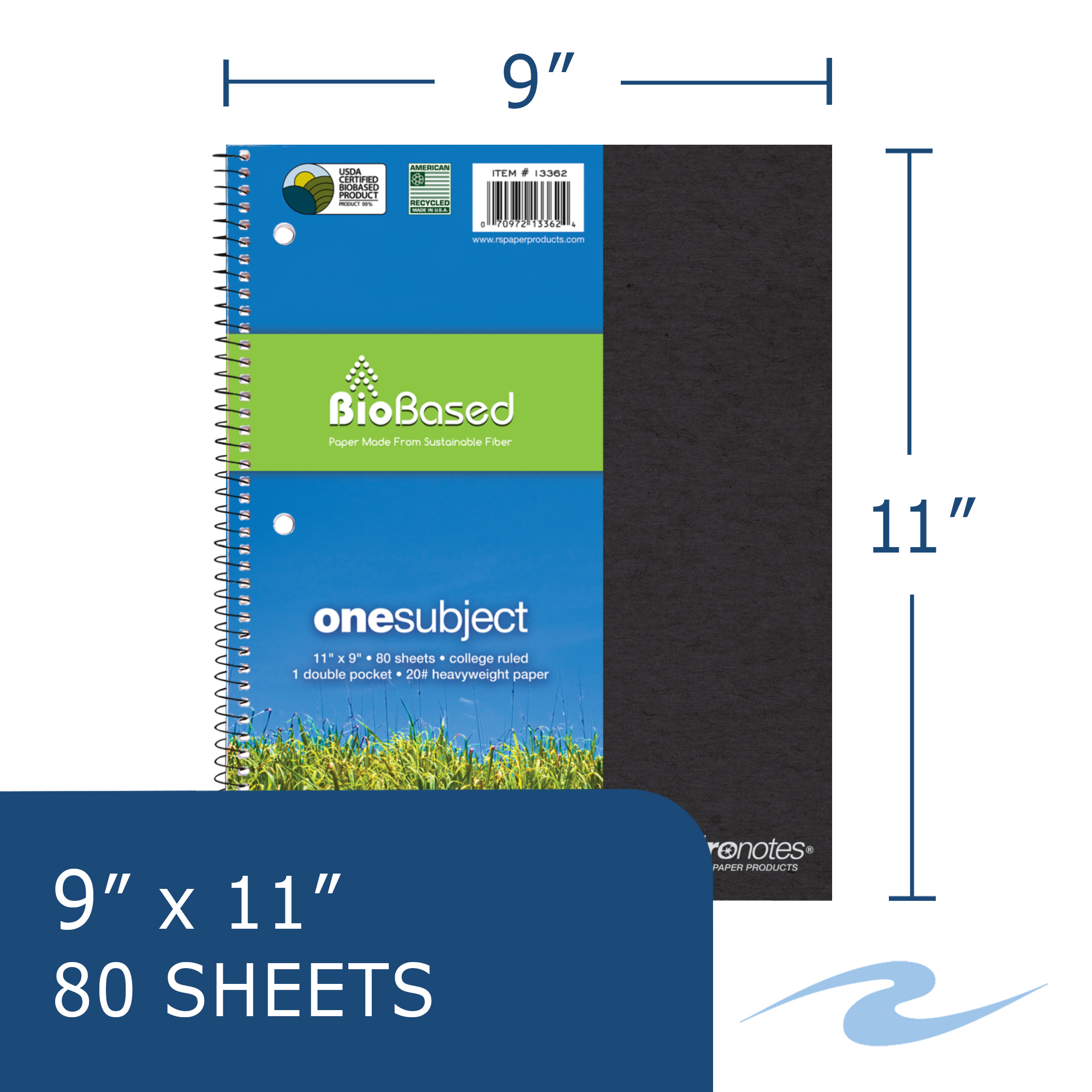 Environotes® Recycled One Subject Wirebound Notebook with Heavyweight BioBased Paper, College Ruled,11" x 9"