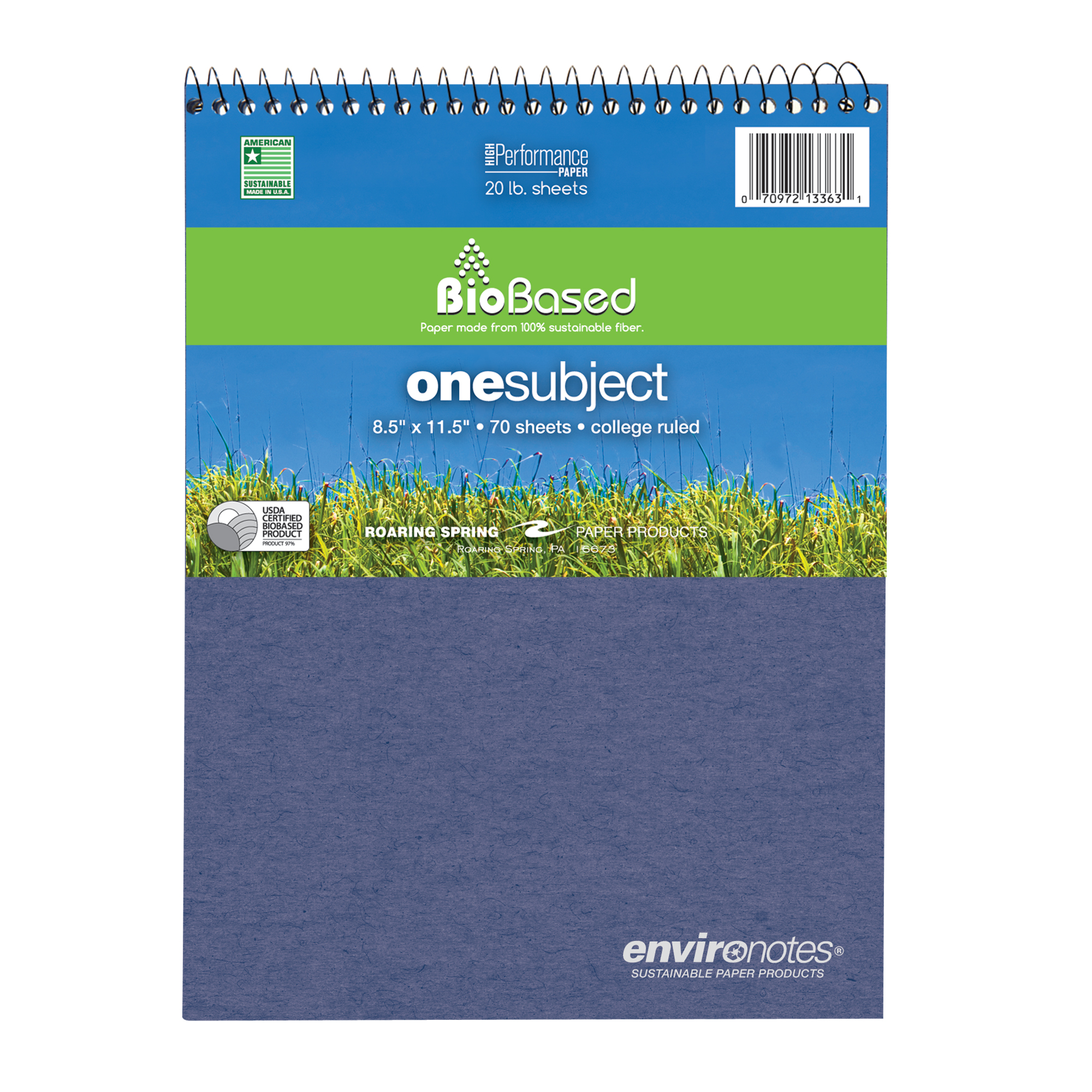 Environotes® One Subject Top-Open "Flipper" Recycled Notebook with Heavyweight BioBased Paper, College Ruled
