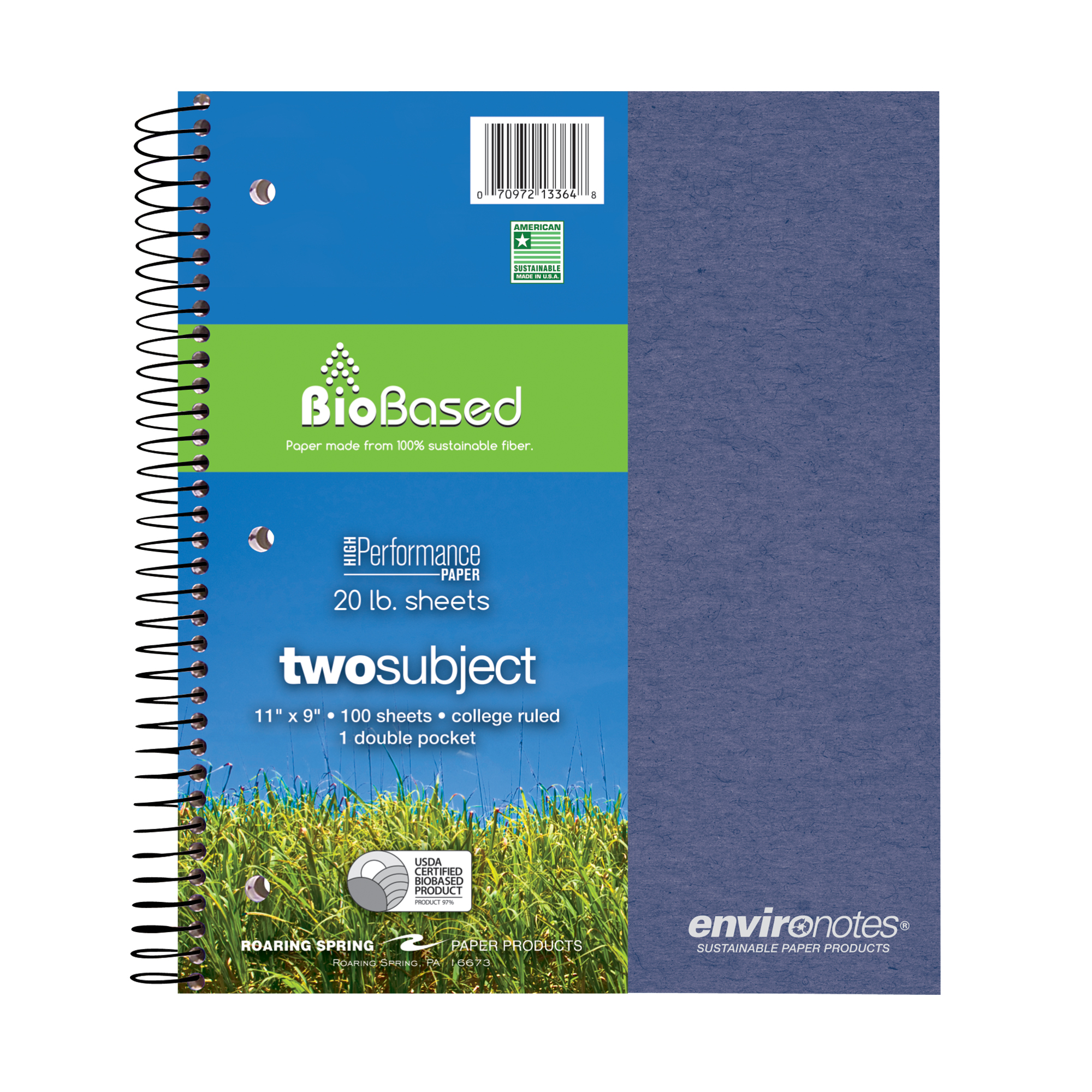 Environotes® Recycled Two Subject Wirebound Notebook with Heavyweight BioBased Paper, College Ruled
