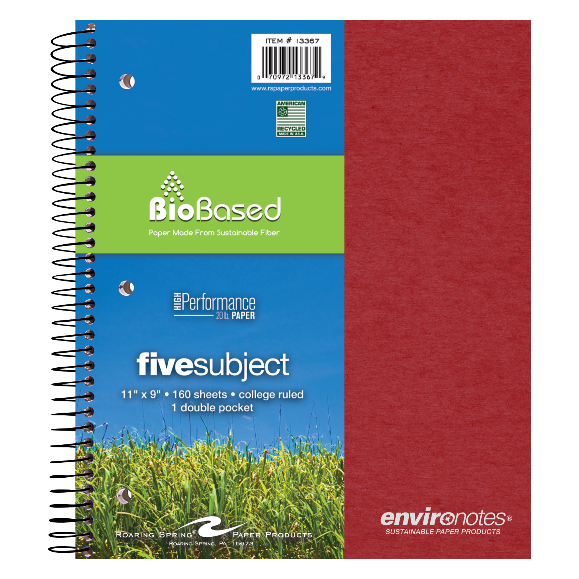 Environotes® Recycled Five Subject Wirebound Notebook with Heavyweight BioBased Paper, College Ruled