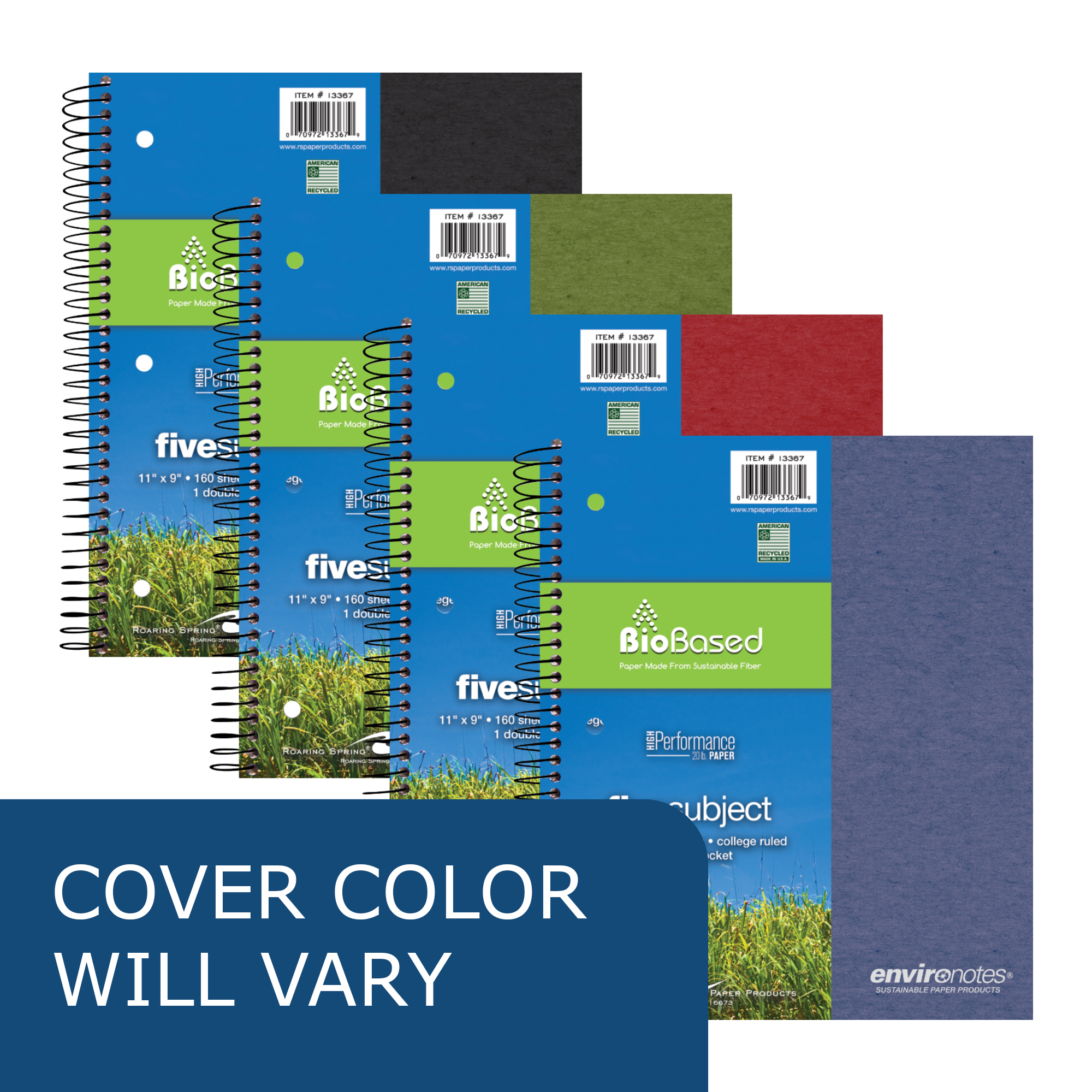 Environotes® Recycled Five Subject Wirebound Notebook with Heavyweight BioBased Paper, College Ruled