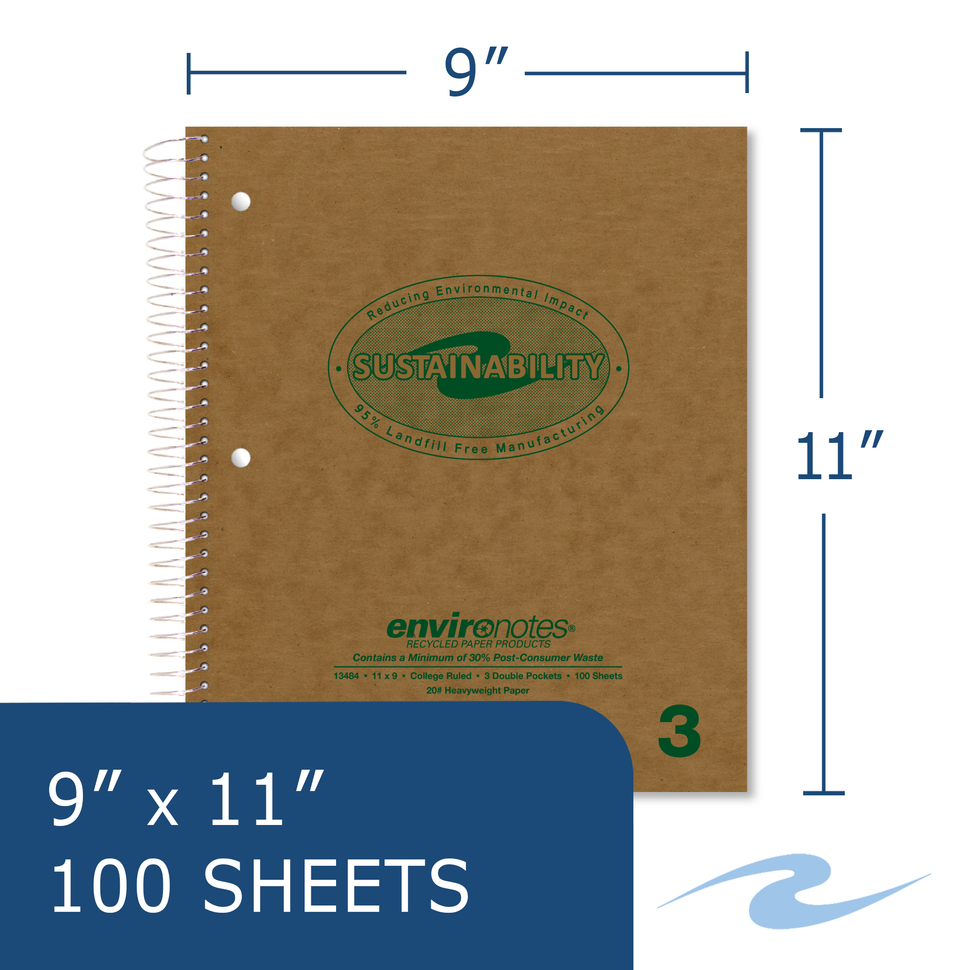 Environotes® Recycled Three Subject Wirebound Notebook with Heavyweight Paper and Three Double Pockets, College Ruled