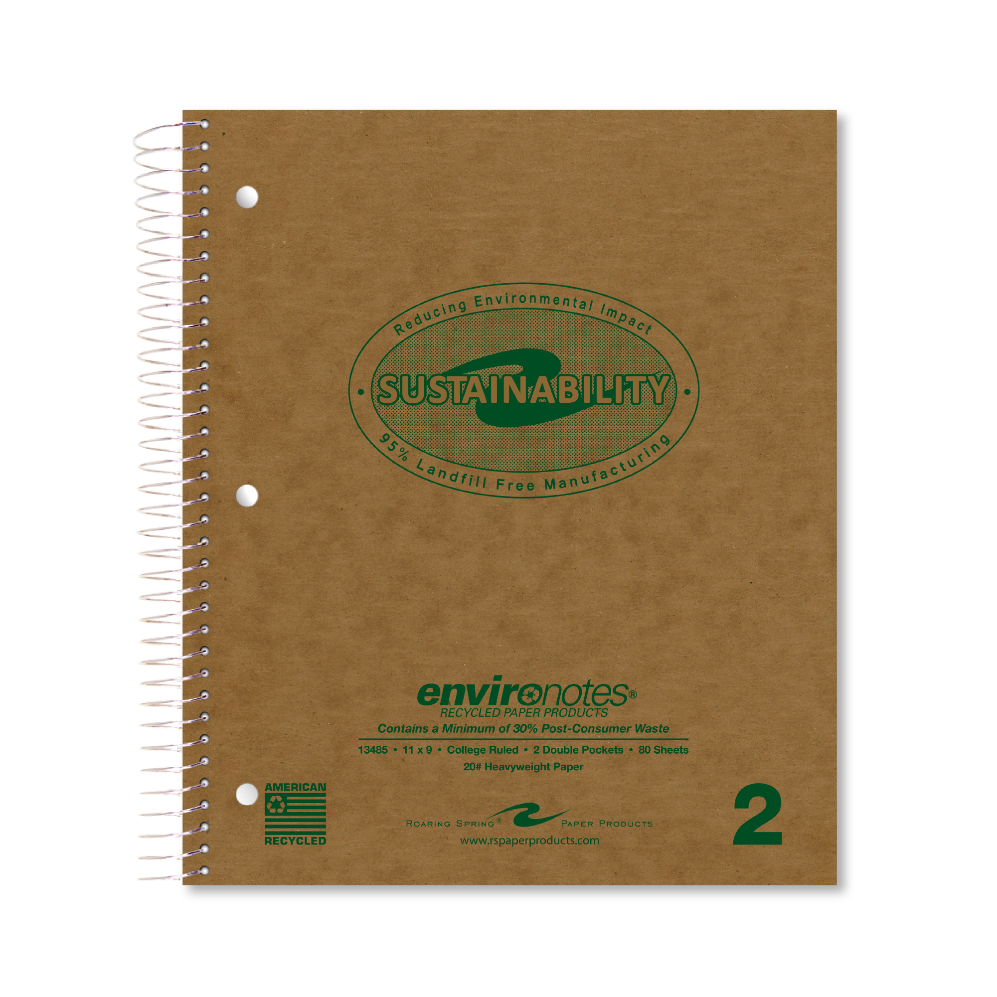 Environotes® Recycled Two Subject Wirebound Notebook with Heavyweight Paper and Two Double Pockets, College Ruled