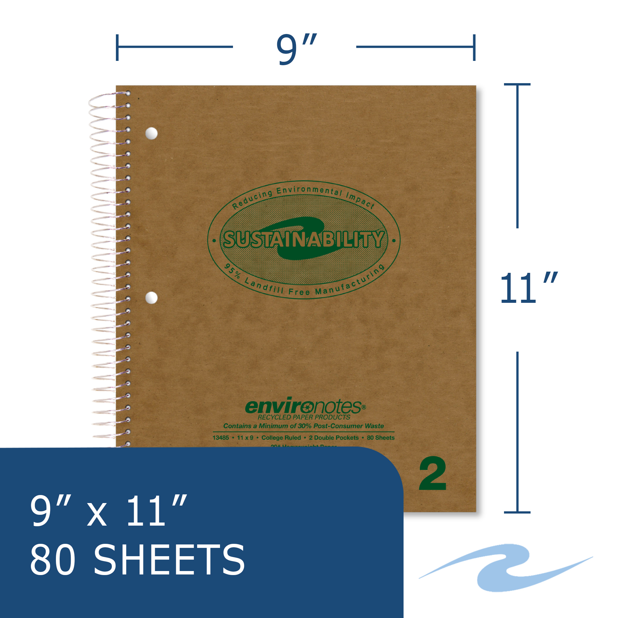Environotes® Recycled Two Subject Wirebound Notebook with Heavyweight Paper and Two Double Pockets, College Ruled