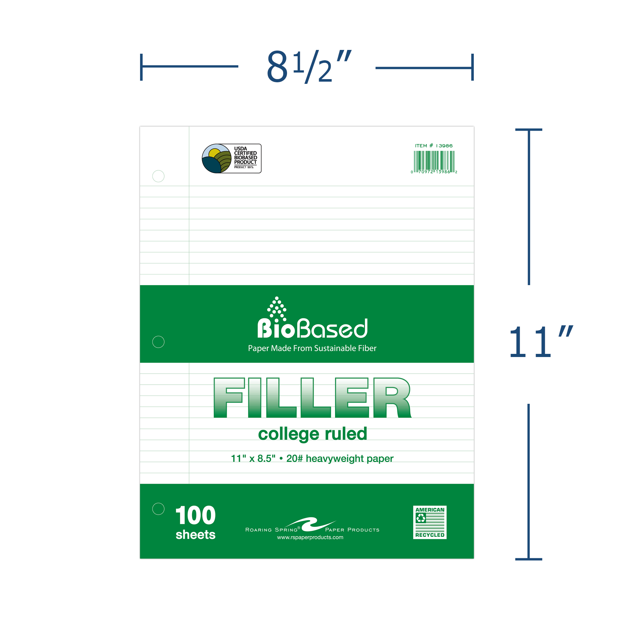 BioBased Recycled Loose Leaf Filler Paper, USDA Certified, College Ruled, White Paper, 100 Sheets