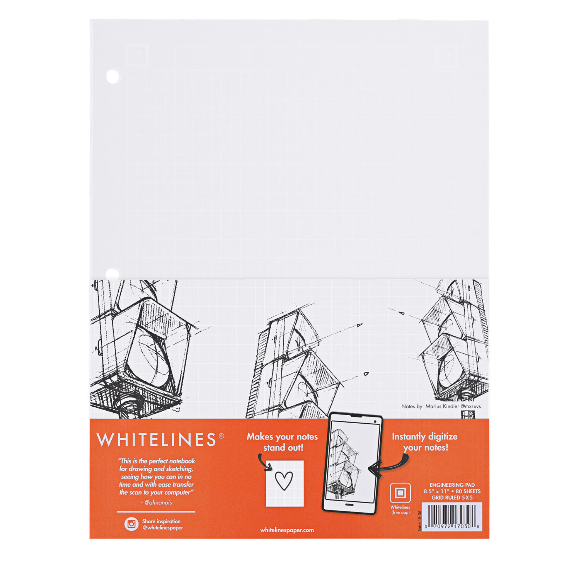 Whitelines® Engineering Pad with Premium Gray Paper with White Frame Front Grid on Both Sides, Paper that works with your phone!