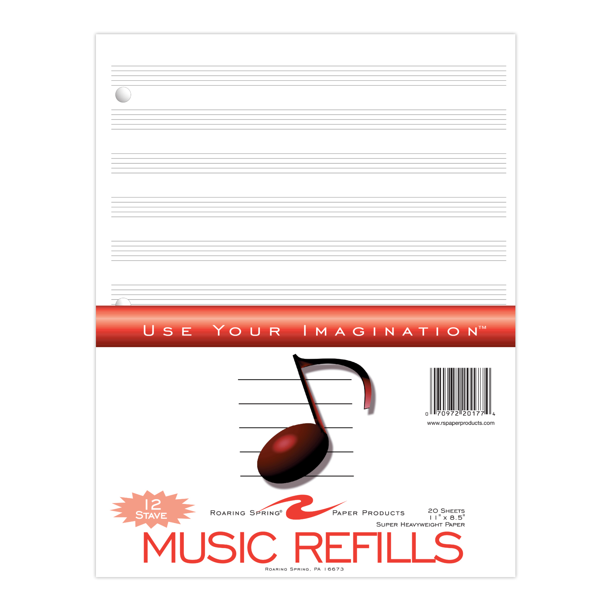 Loose Leaf Music Filler Paper with 12 Staves, 20 Sheets