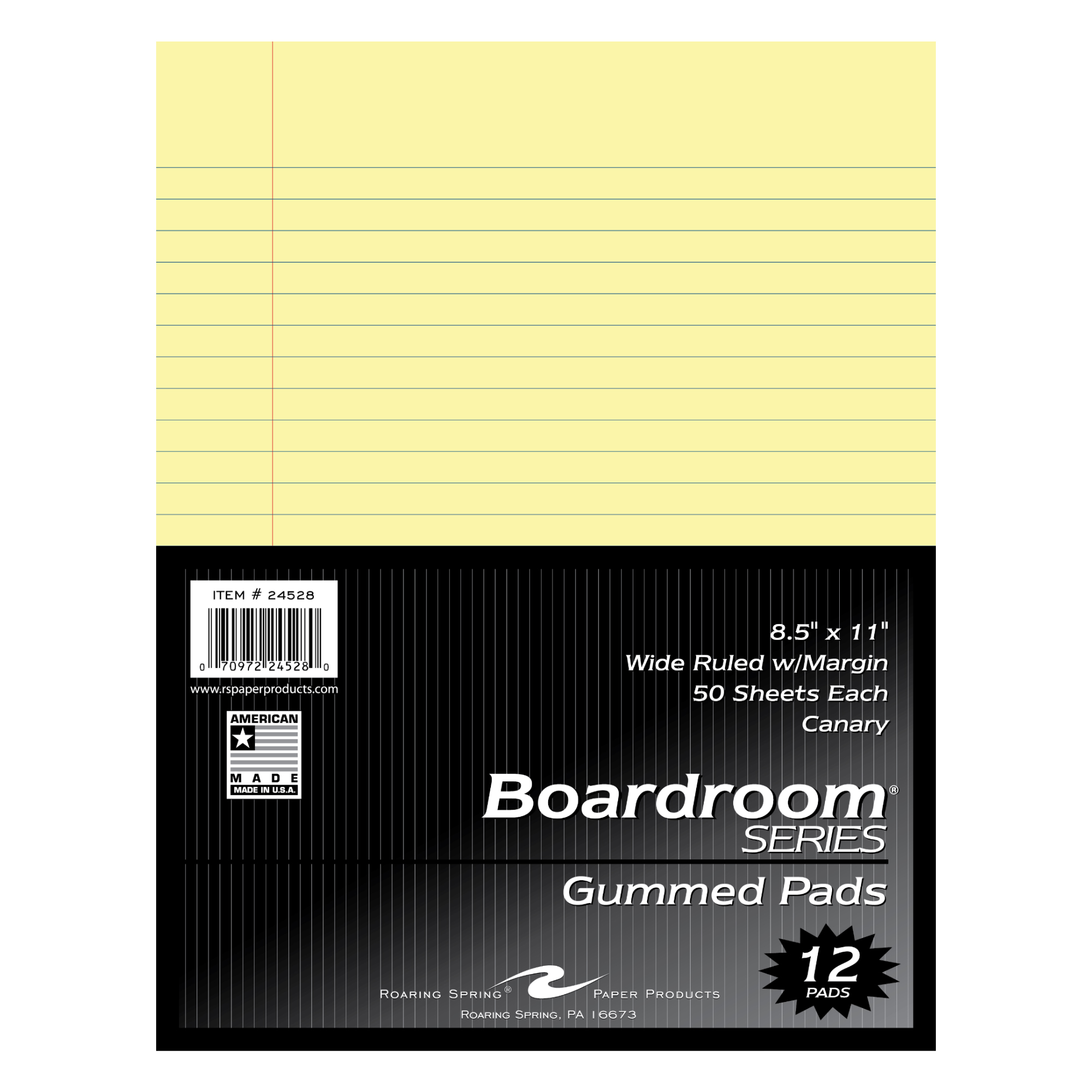 Legal Pads, Wide Ruled with Margin, Gummed Glue Top, 8.5" x 11.75", 50 Sheets, White Paper, Pack of 12