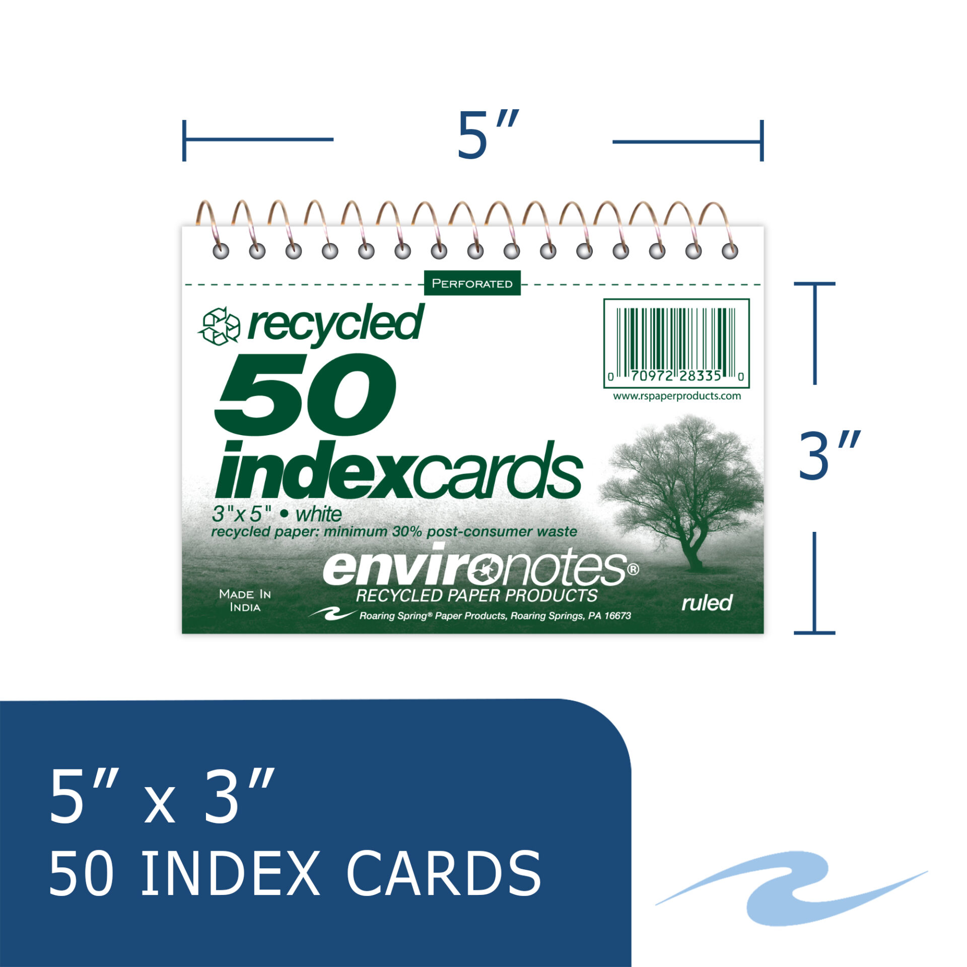 Environotes® 3" x 5" Recycled Index Cards, Wirebound, Perforated, Ruled, 50 Cards, White
