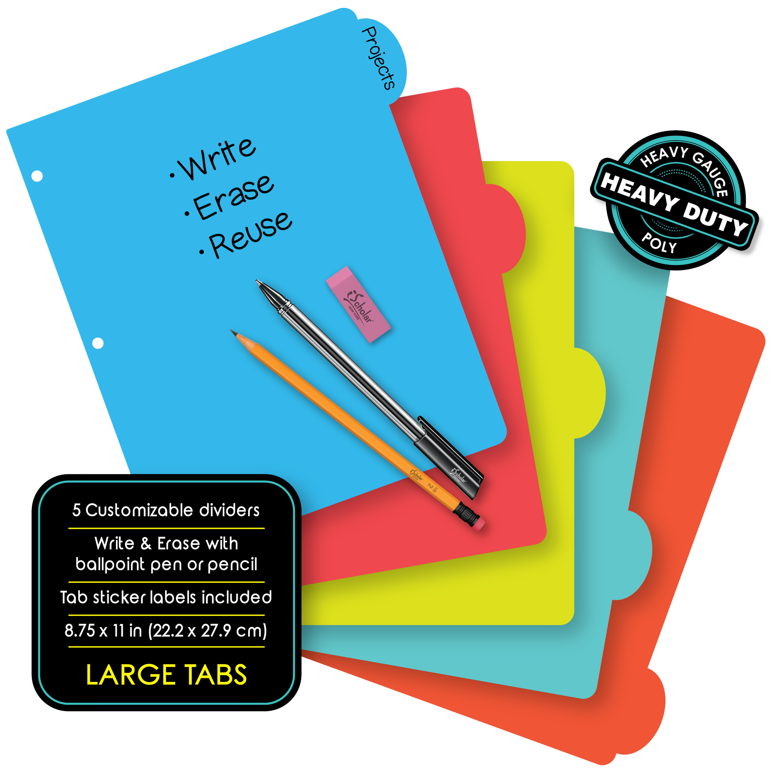 iScholar® iQ 5 Tab Poly Dividers, 11" x 8.5", Assorted Colors