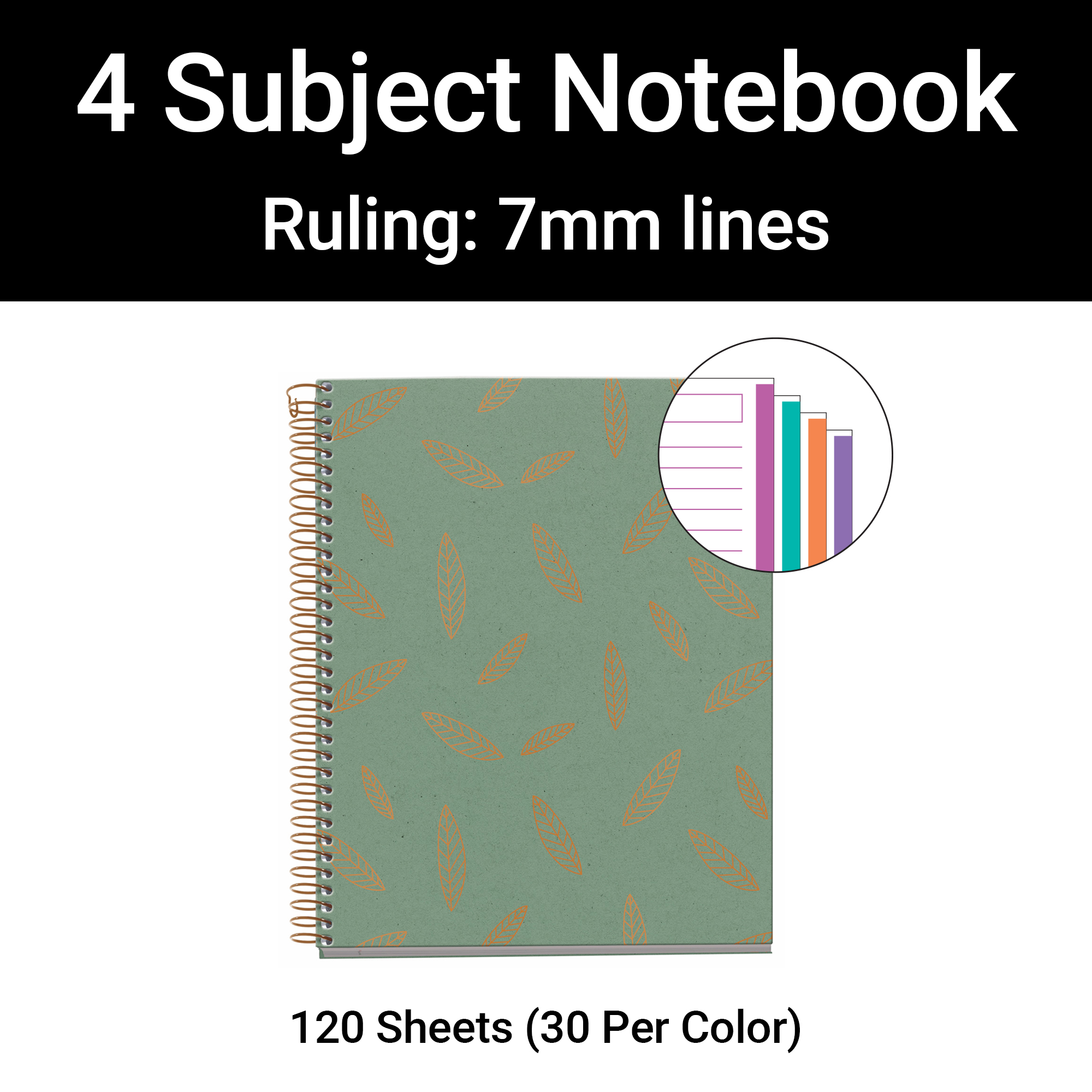 M® MiquelRius Recycled Collection, Lined 4 Subject Notebook, A5 (8.27" x 5.83"), Cardboard Cover - Green Leaves