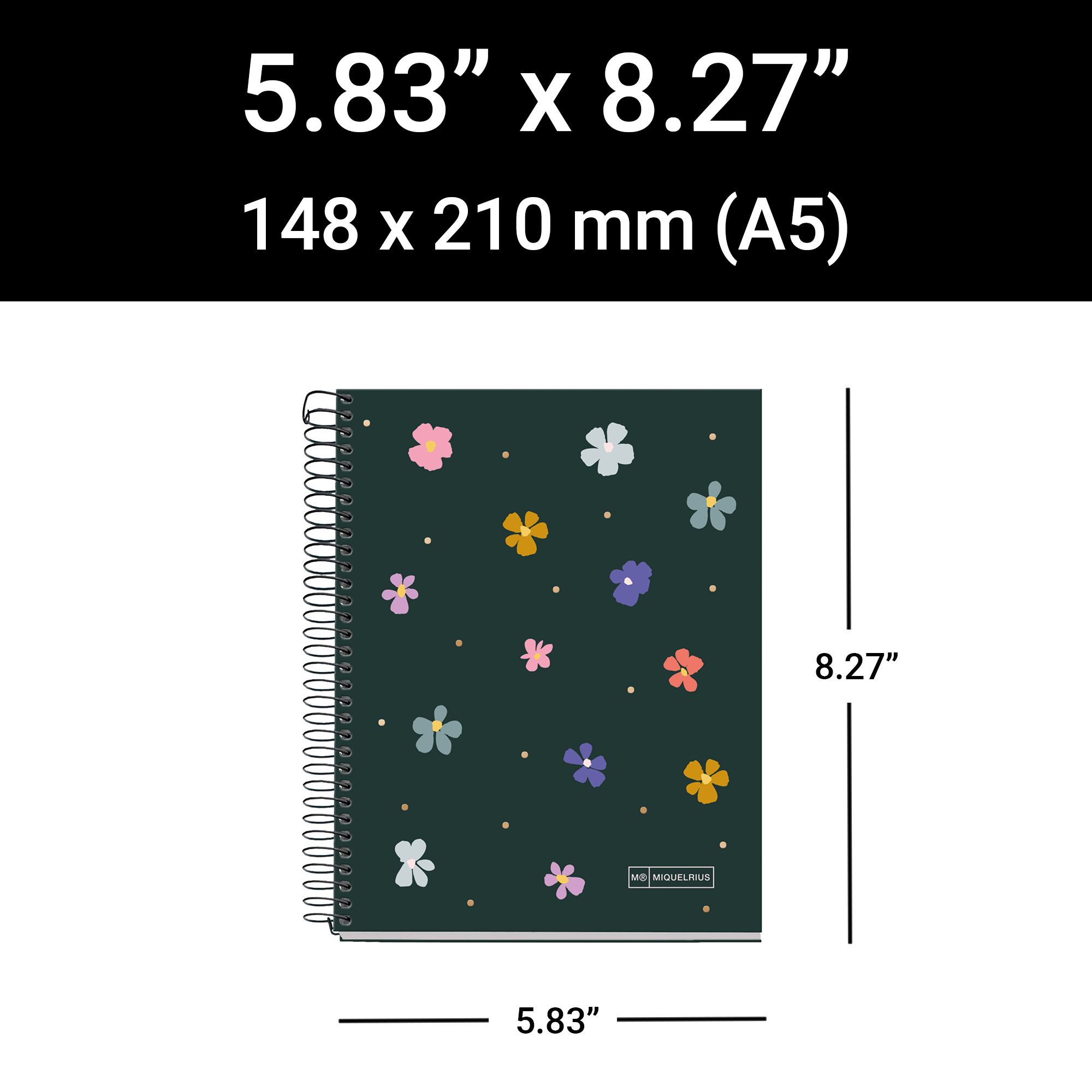 MiquelRius Lined 4 Subject Notebook, A5 (8.27" x 5.83"), Cardboard Cover - Spring Night