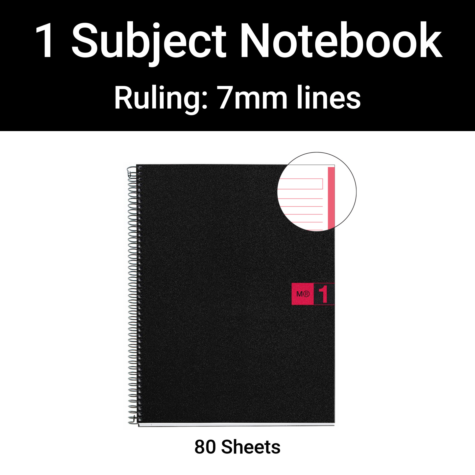 M® MiquelRius Original™ Lined 1 Subject Notebook, 11" x 8.5", Poly Cover - Black with Red