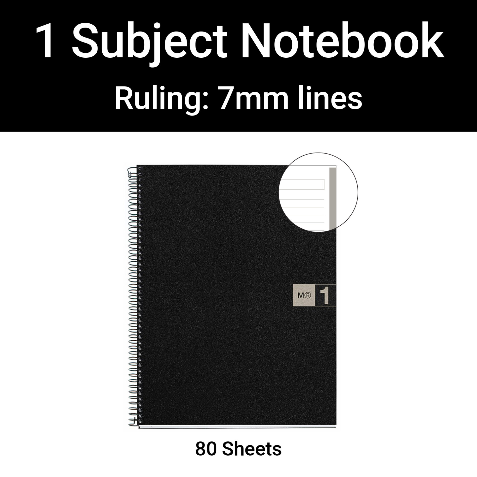 M® MiquelRius Original™ Lined 1 Subject Notebook, 11" x 8.5", Poly Cover - Black with Grey