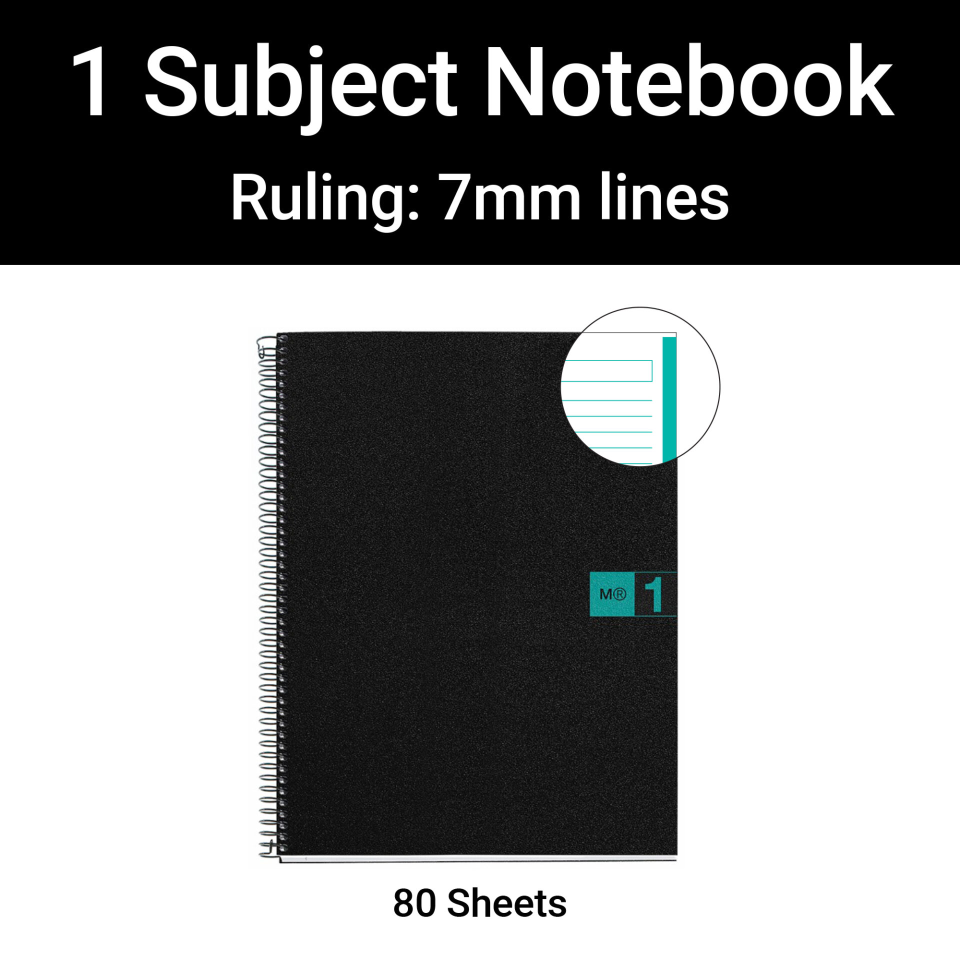 M® MiquelRius Original™ Lined 1 Subject Notebook, 11" x 8.5", Poly Cover - Black with Turquoise
