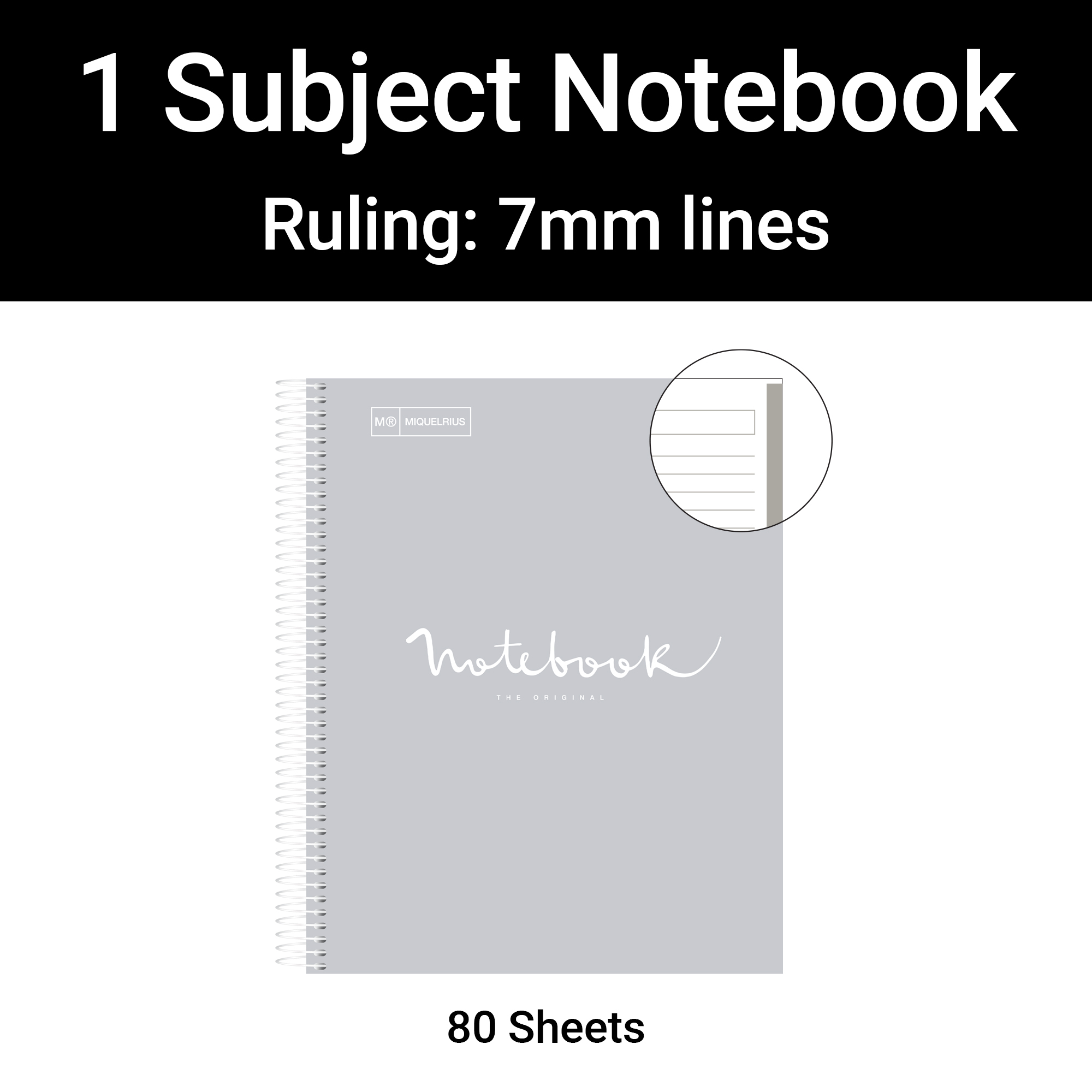 M® MiquelRius Emotions® Lined 1 Subject Notebook, 11" x 8.5", Cardboard Cover - Gray