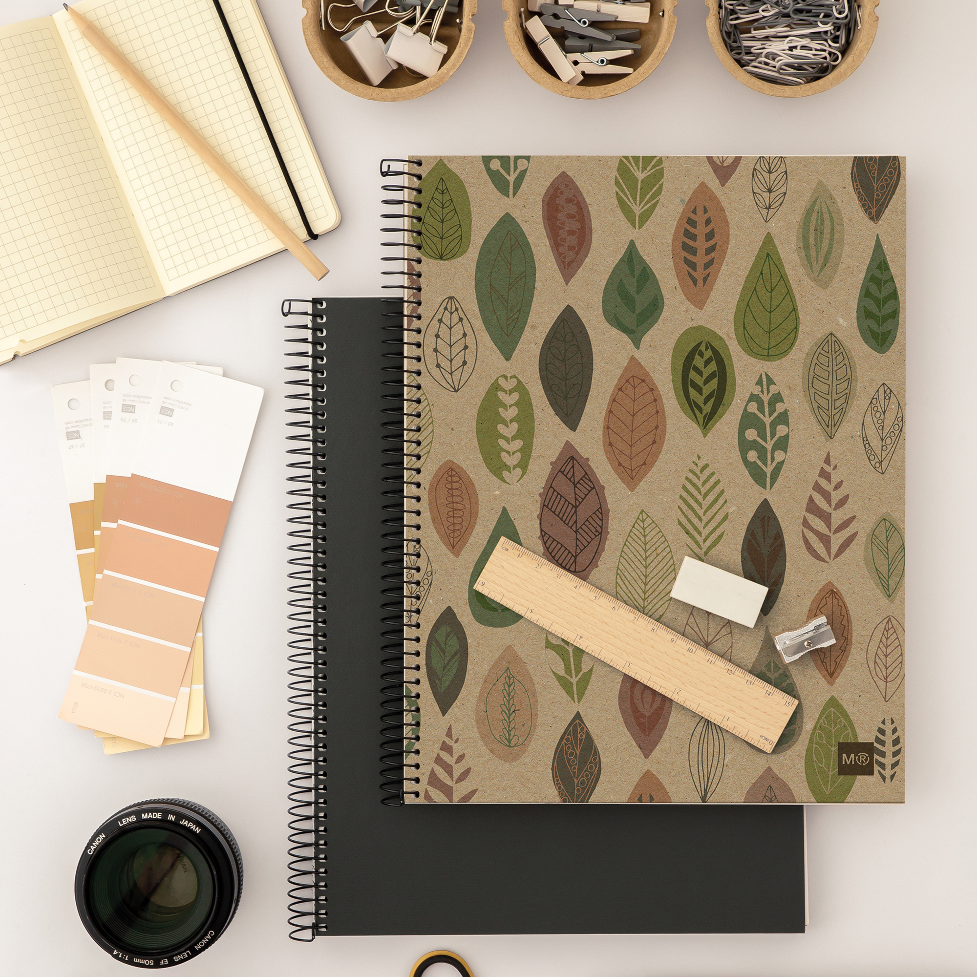 M® MiquelRius Recycled Collection, Lined 4 Subject Notebook, 11" x 8.5", Cardboard Cover - Eco Leaves