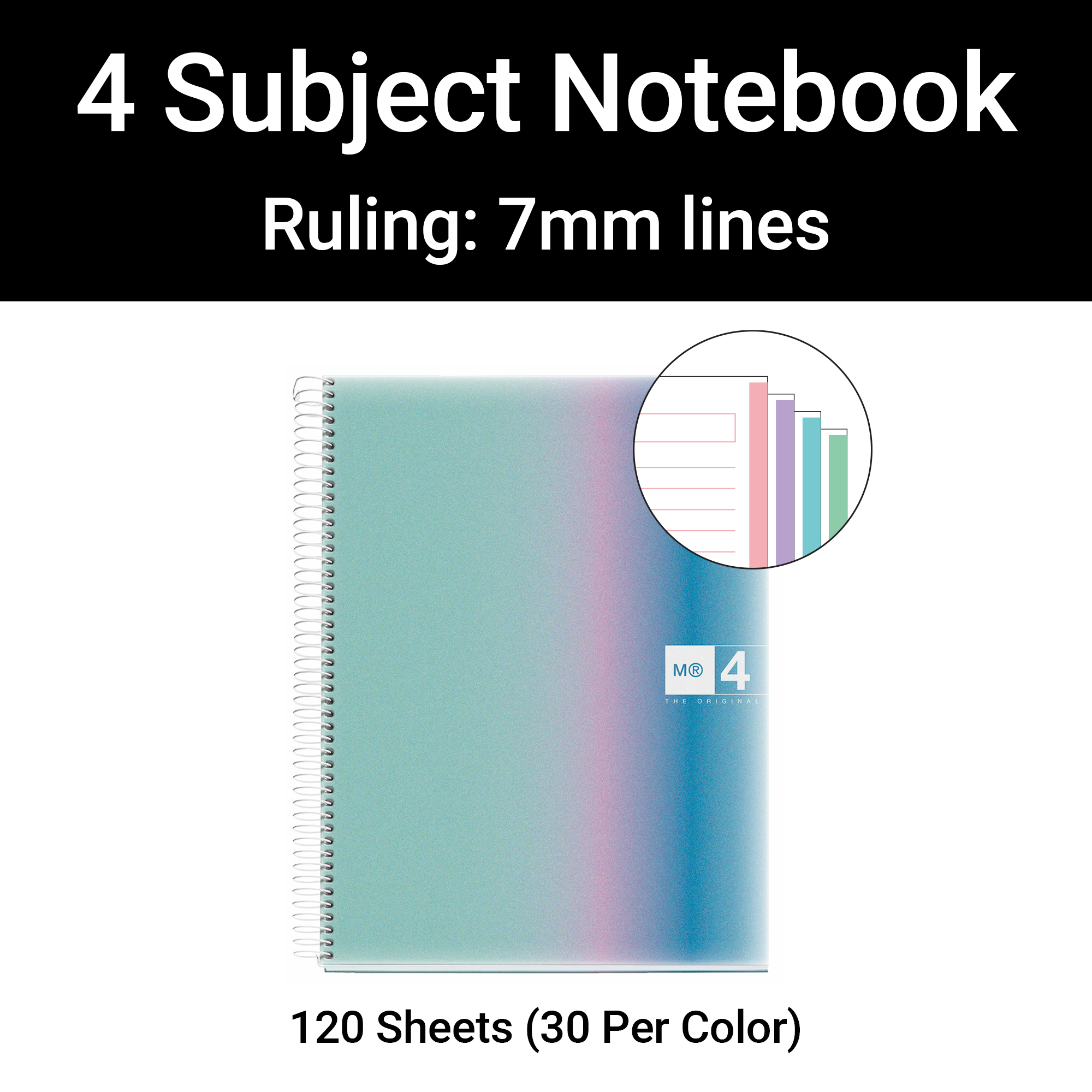 M® MiquelRius Aurora Lined 4 Subject Notebook, 11" x 8.5", Poly Cover - Santorini