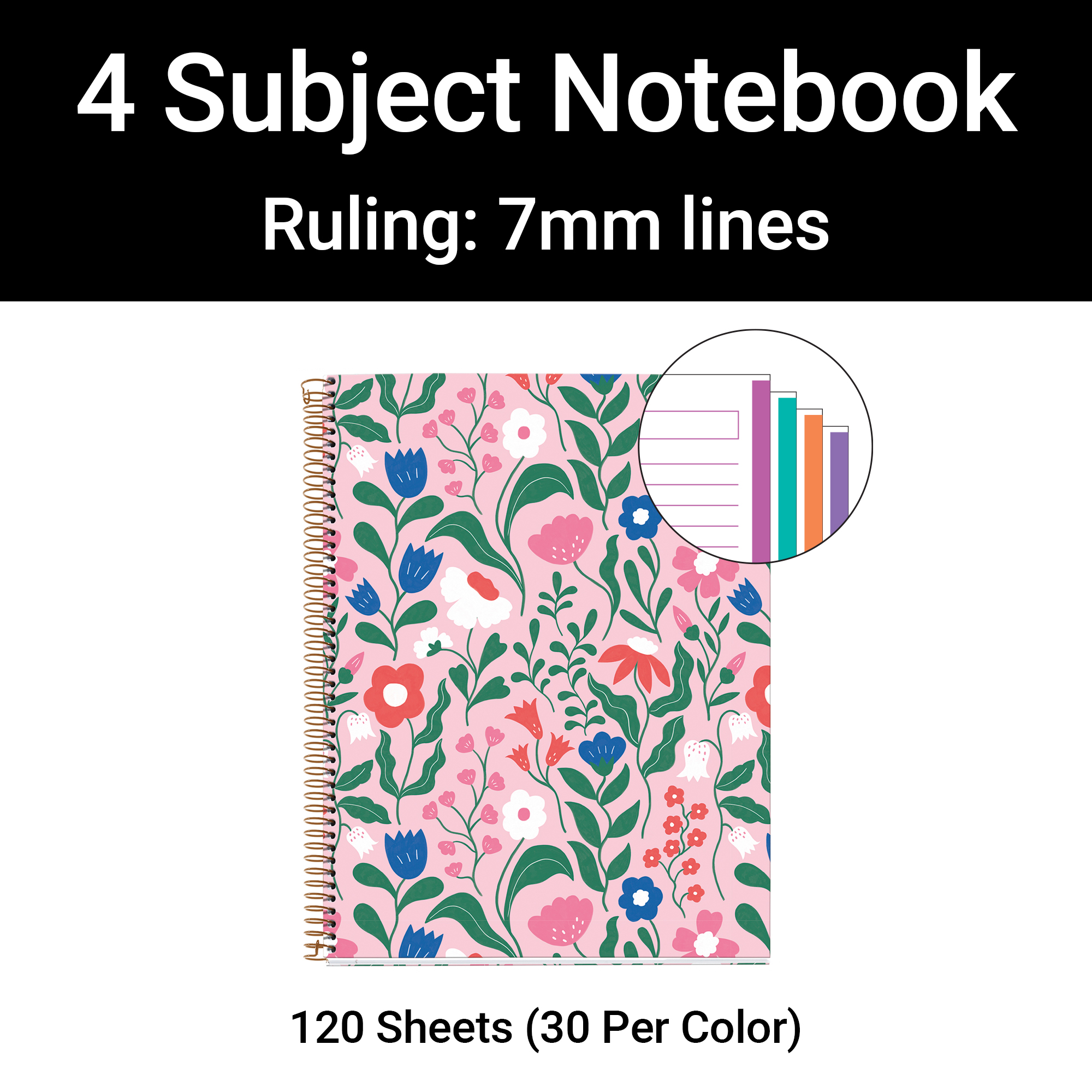 M® MiquelRius Lined 4 Subject Notebook, 11" x 8.5", Cardboard Cover - Tropical Pink Floral