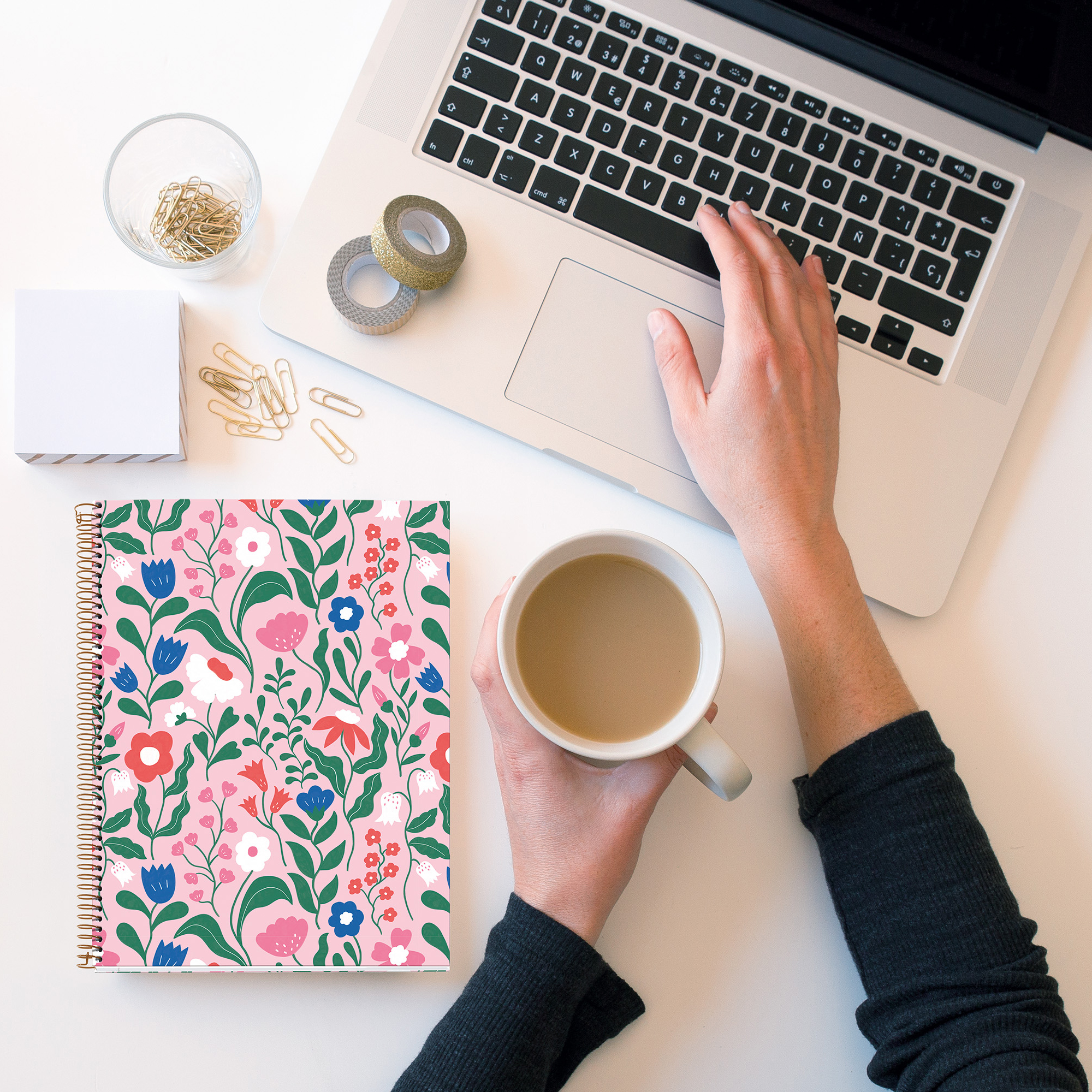 M® MiquelRius Lined 4 Subject Notebook, 11" x 8.5", Cardboard Cover - Tropical Pink Floral