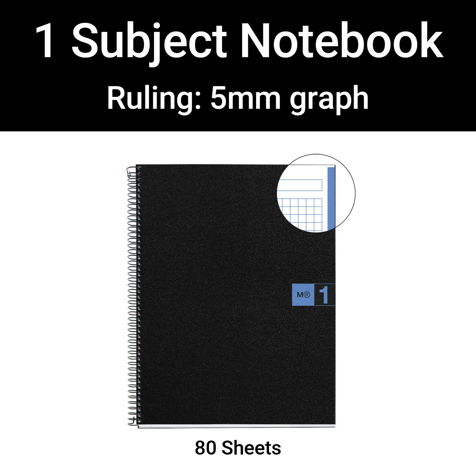 M® MiquelRius Original™ Graph Ruled 1 Subject Notebook, 11" x 8.5", Poly Cover - Black with Blue