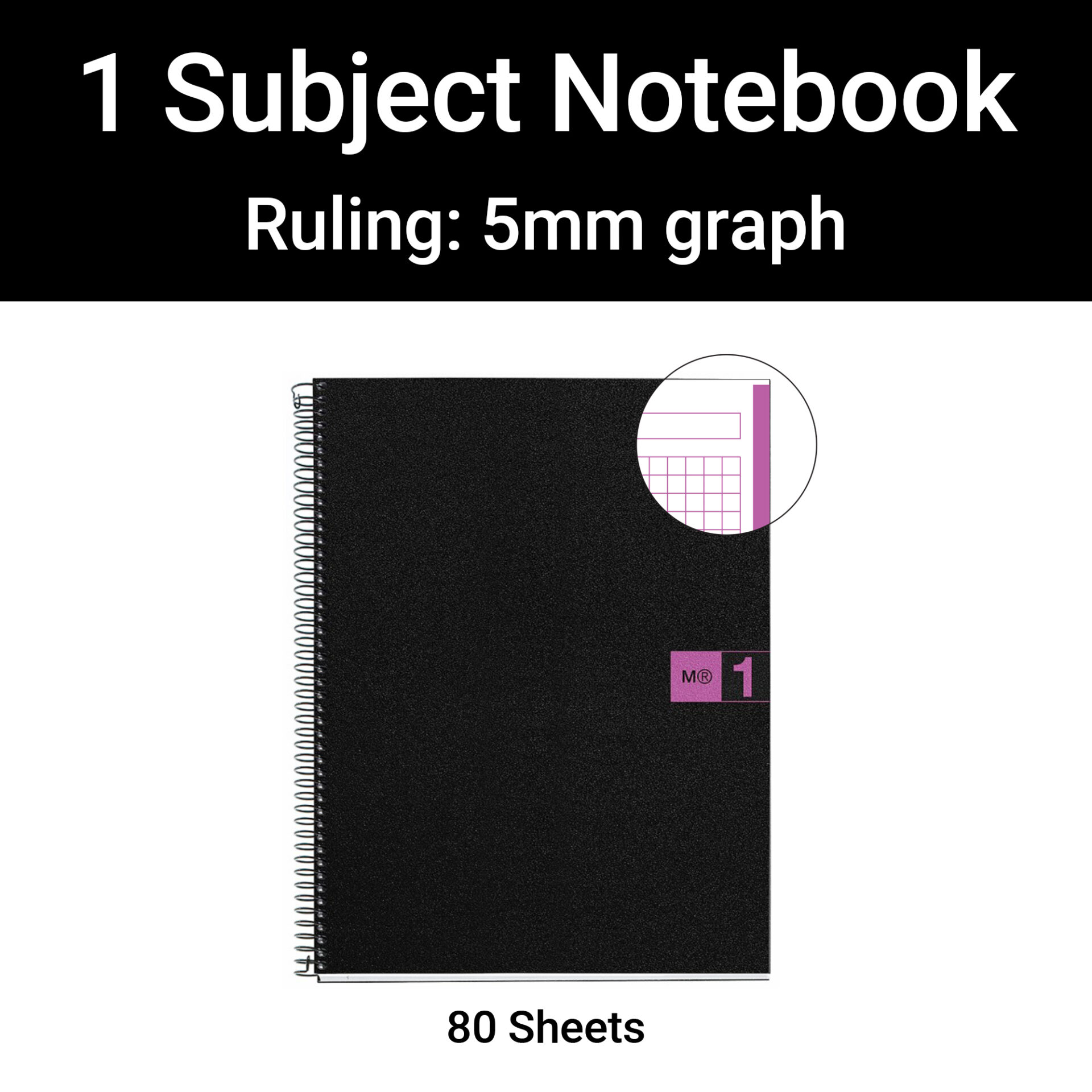 M® MiquelRius Original™ Graph Ruled 1 Subject Notebook, 11" x 8.5", Poly Cover - Black with Purple