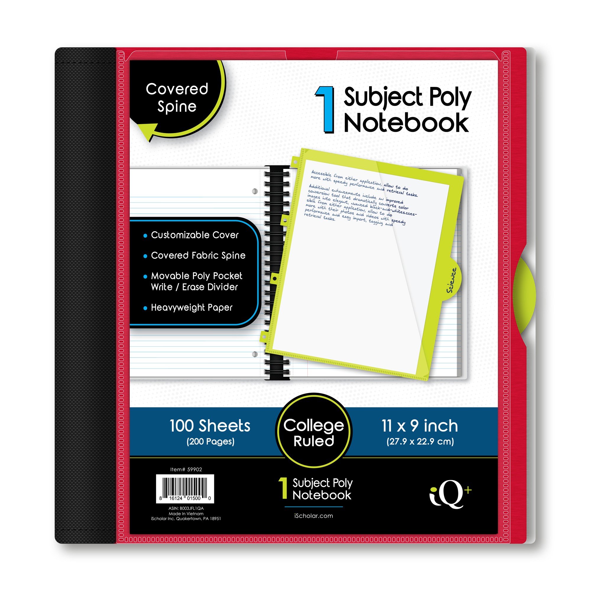 iScholar® iQ+ Poly Cover Notebook, College Ruled, 11" x 9", 100 Sheets, Assorted Colors