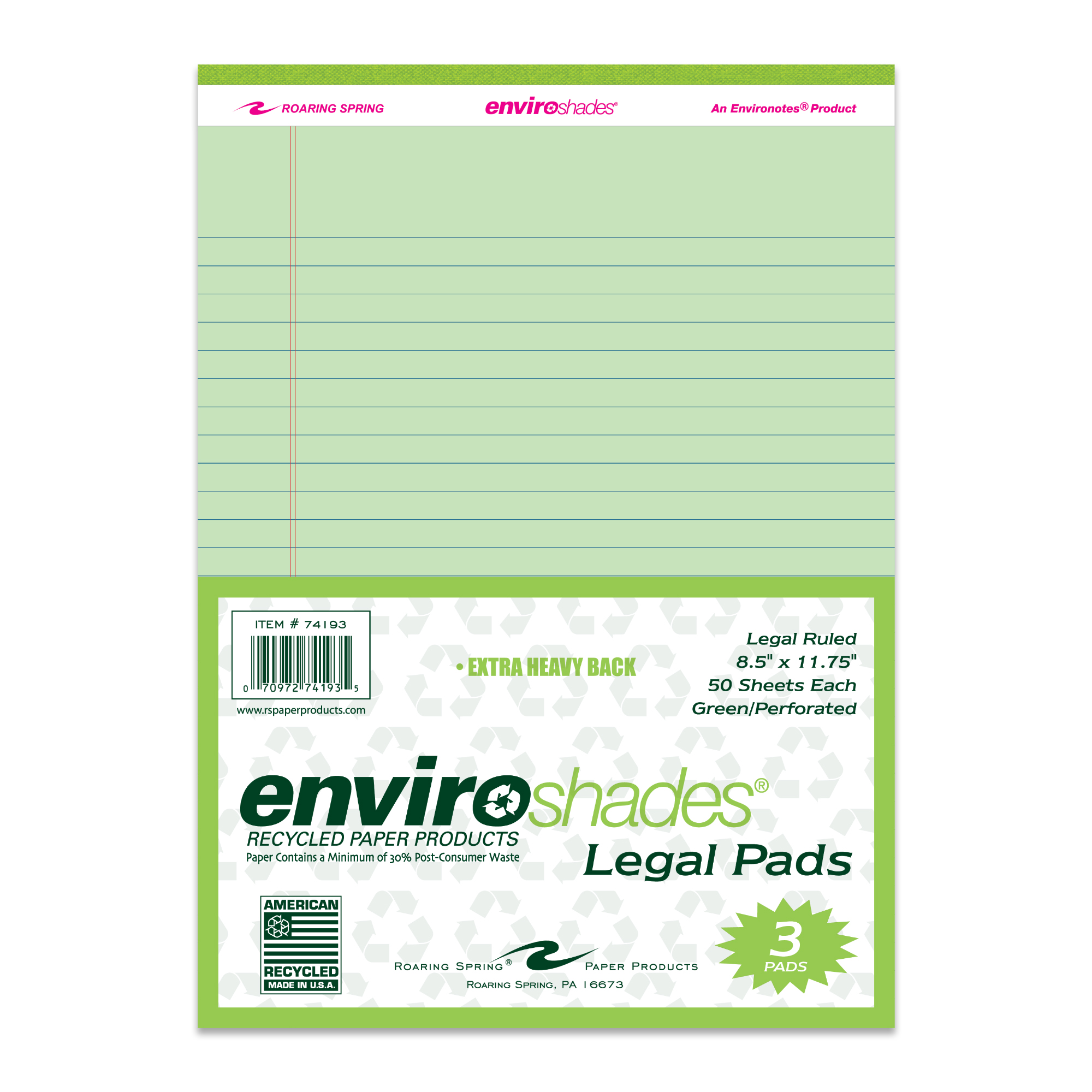 Enviroshades® Recycled Legal Pads, Legal Ruled, Green, Pack of 3