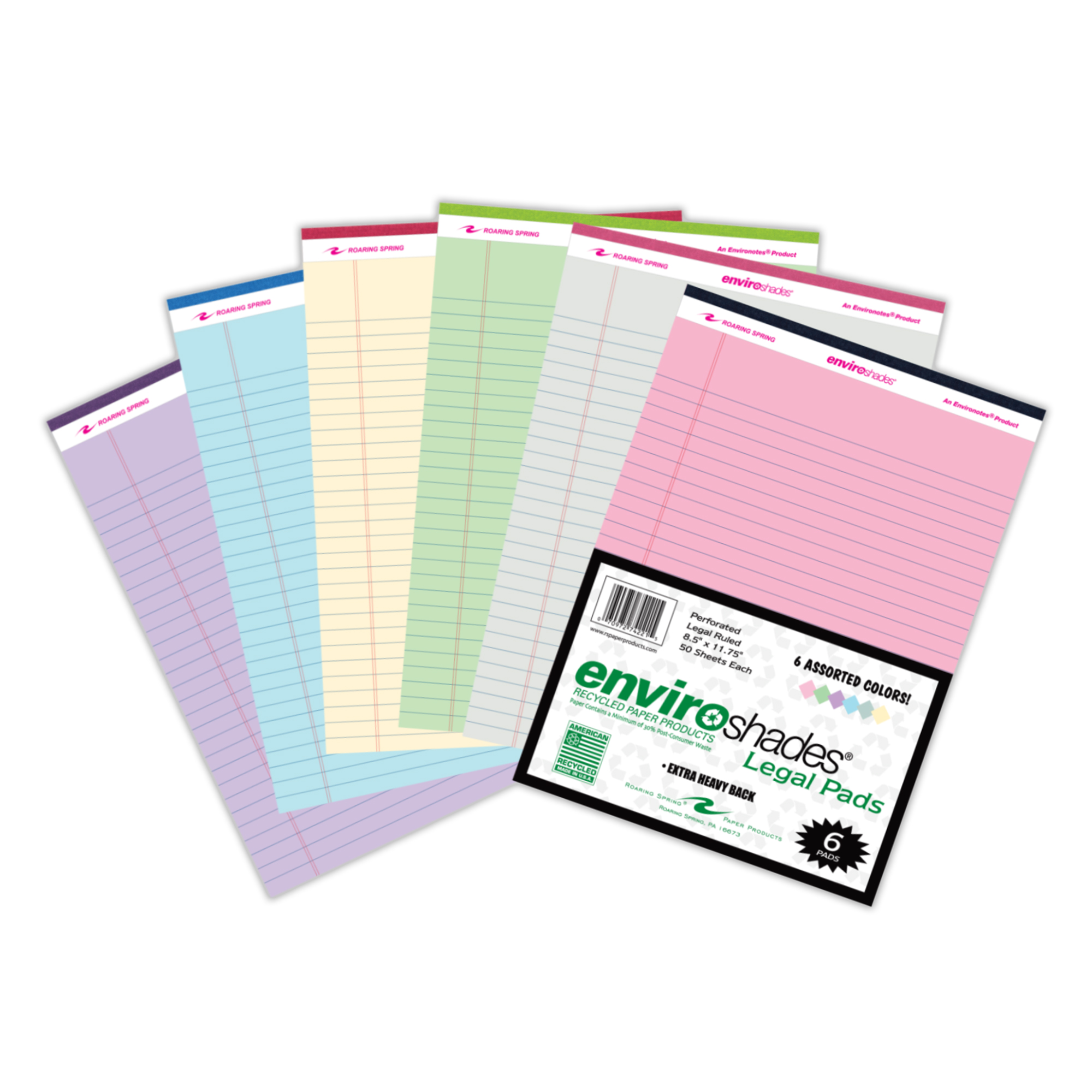Enviroshades® Recycled Legal Pads, Legal Ruled, Assorted Colors, Pack of 6