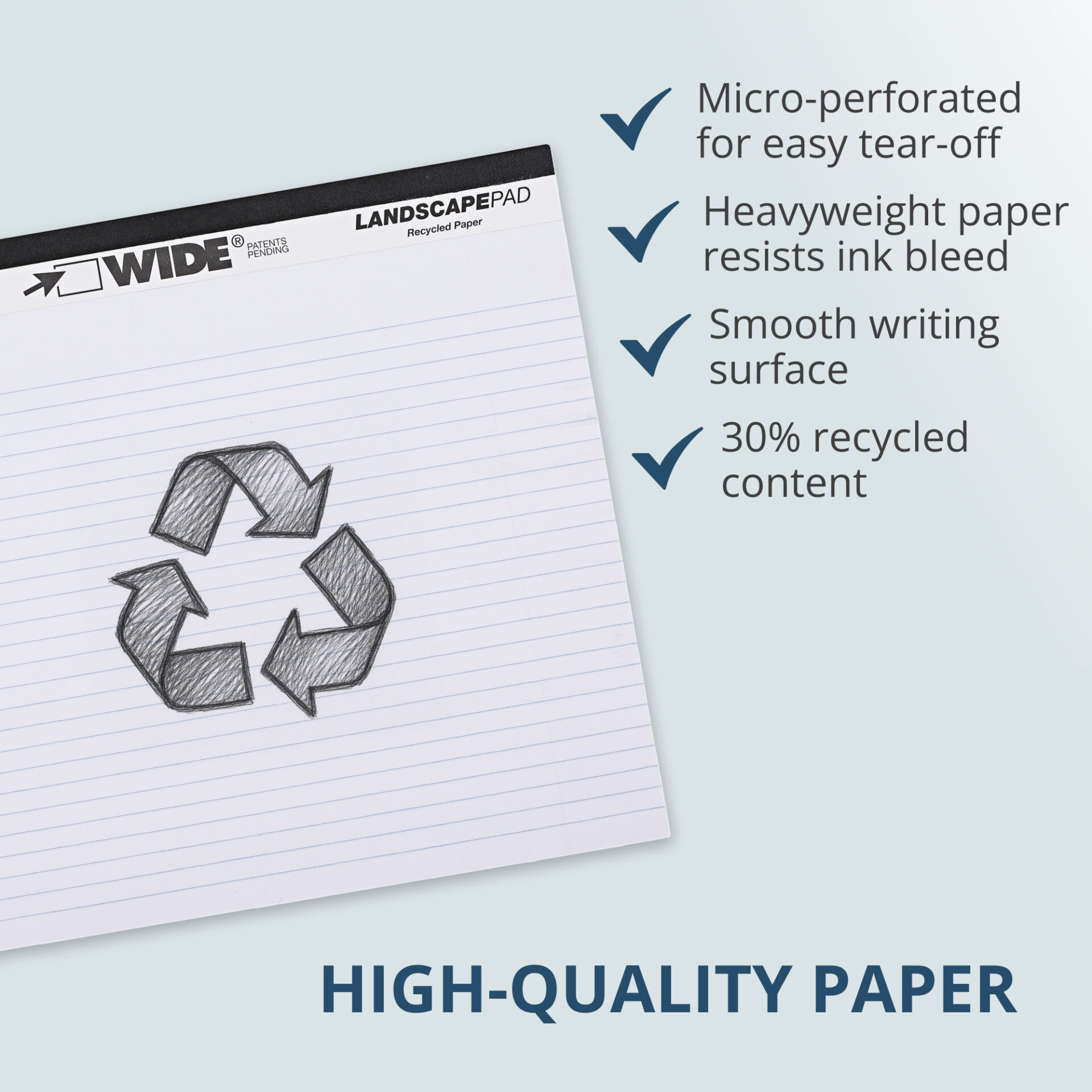 Wide® Recycled Landscape Legal Pads, College Ruled with Margin, White