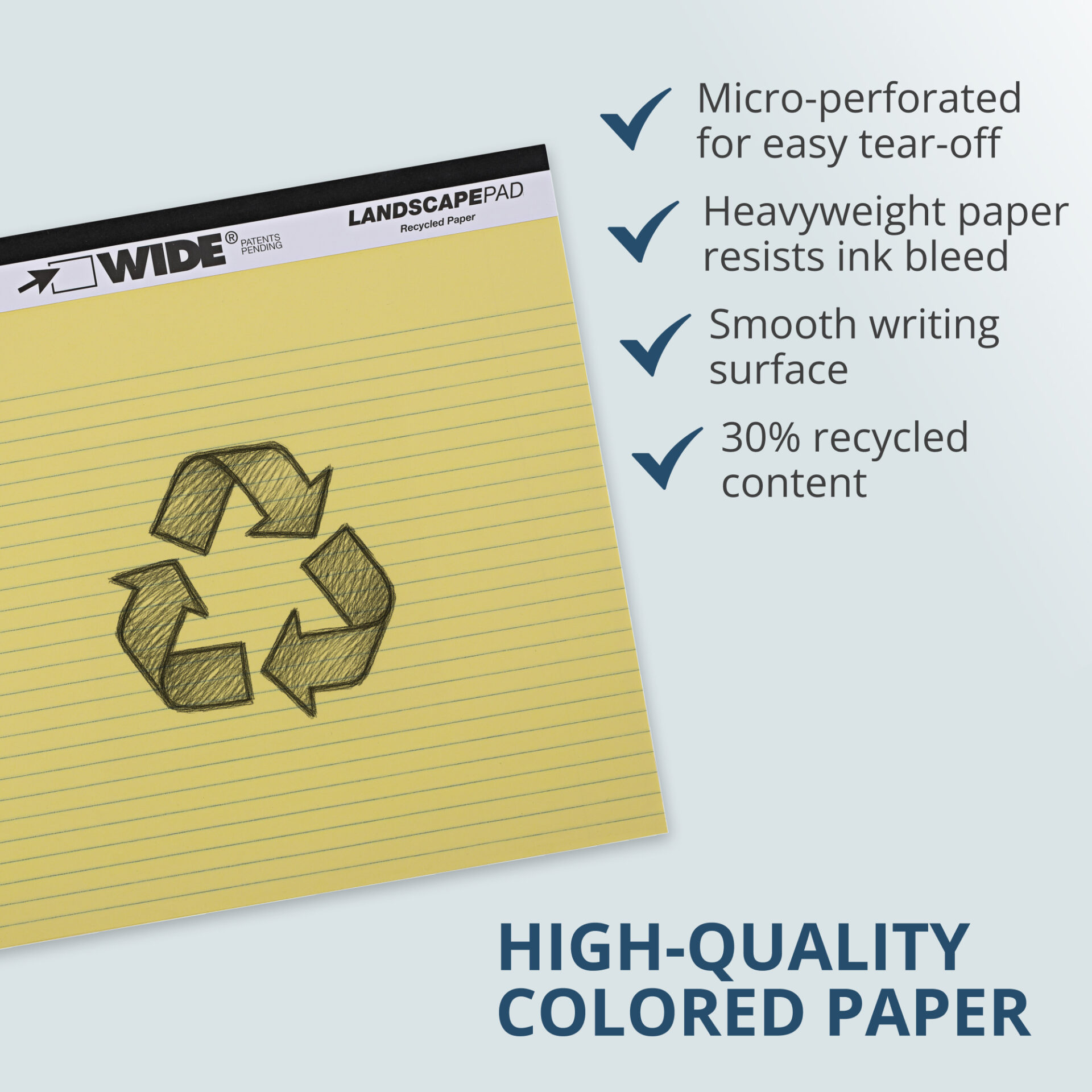 Wide® Recycled Landscape Legal Pads, College Ruled with Margin, Canary
