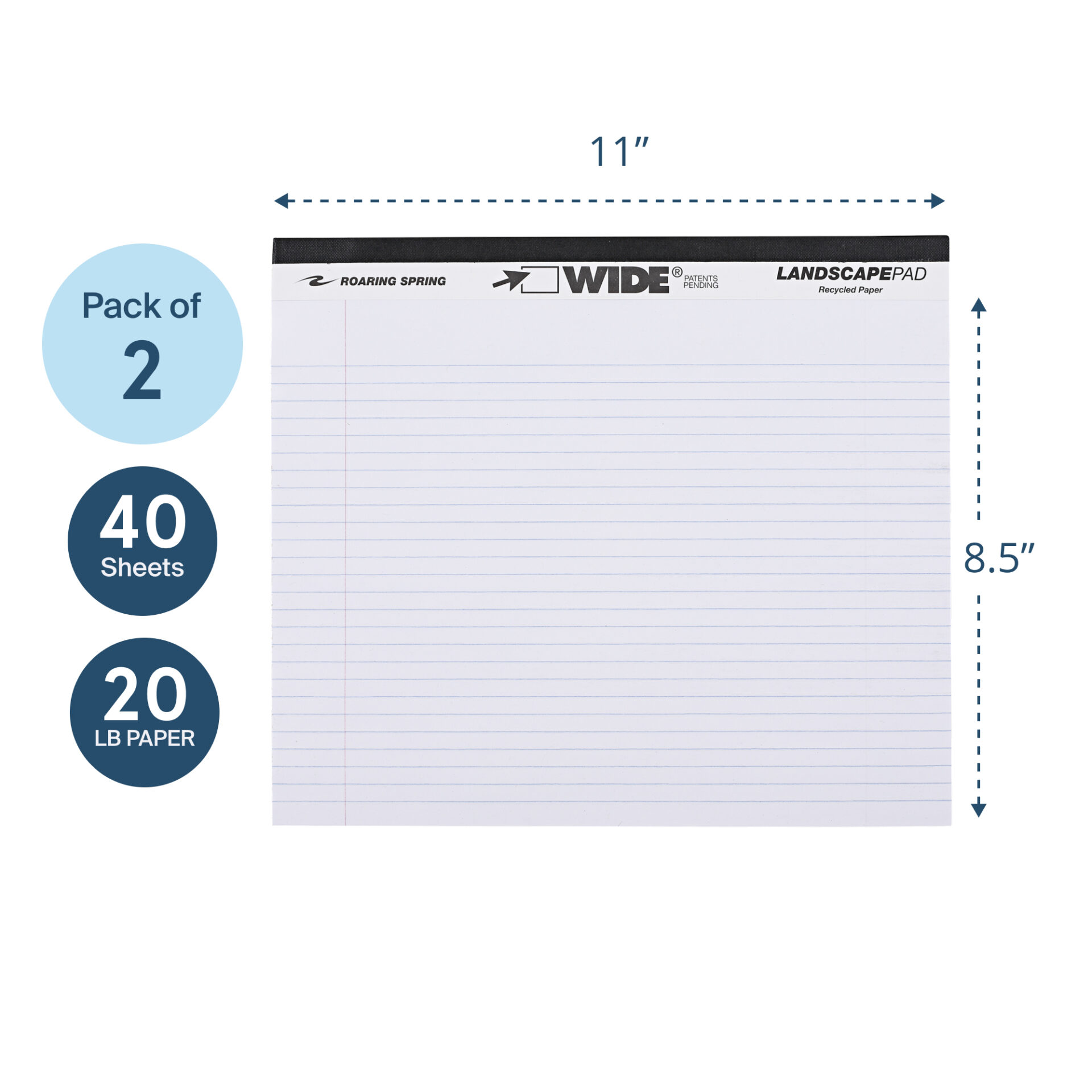 Wide® Recycled Landscape Legal Pads, College Ruled with Margin, White, Pack of 2