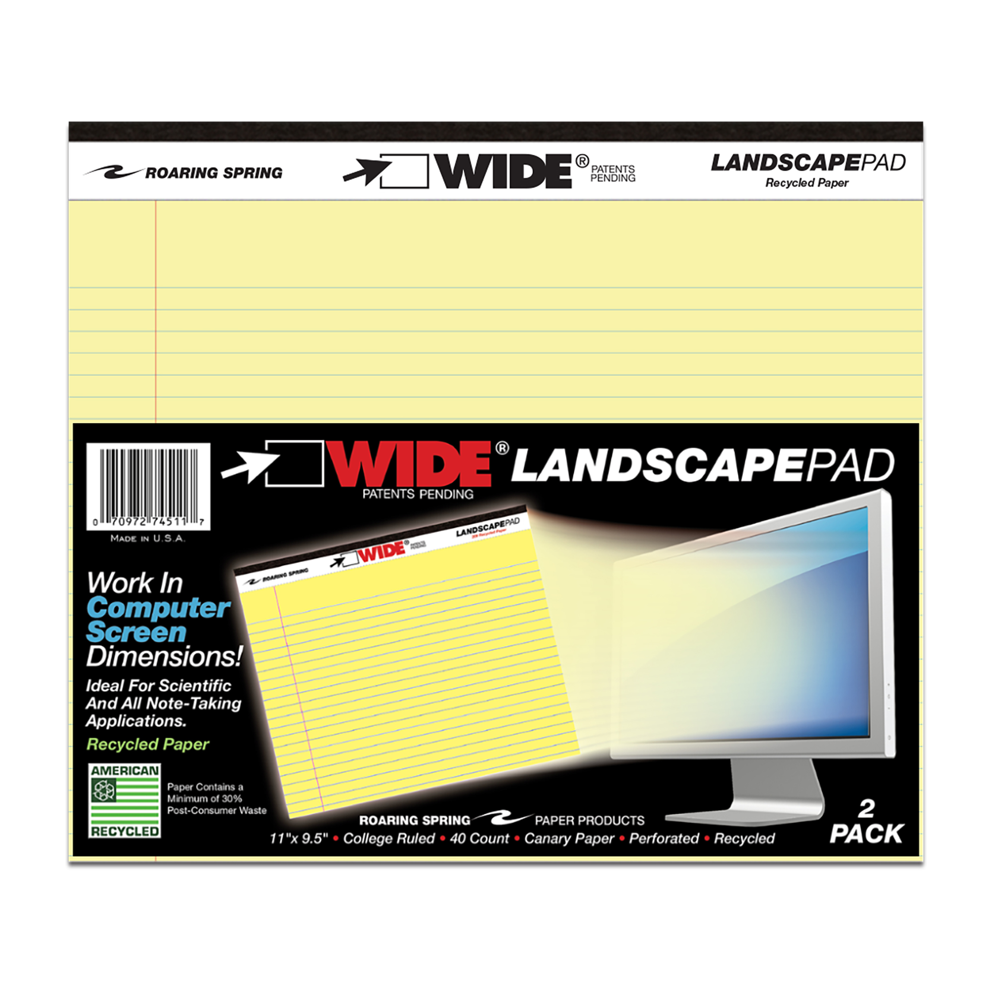 Wide® Recycled Landscape Legal Pads, College Ruled with Margin, Canary, Pack of 2