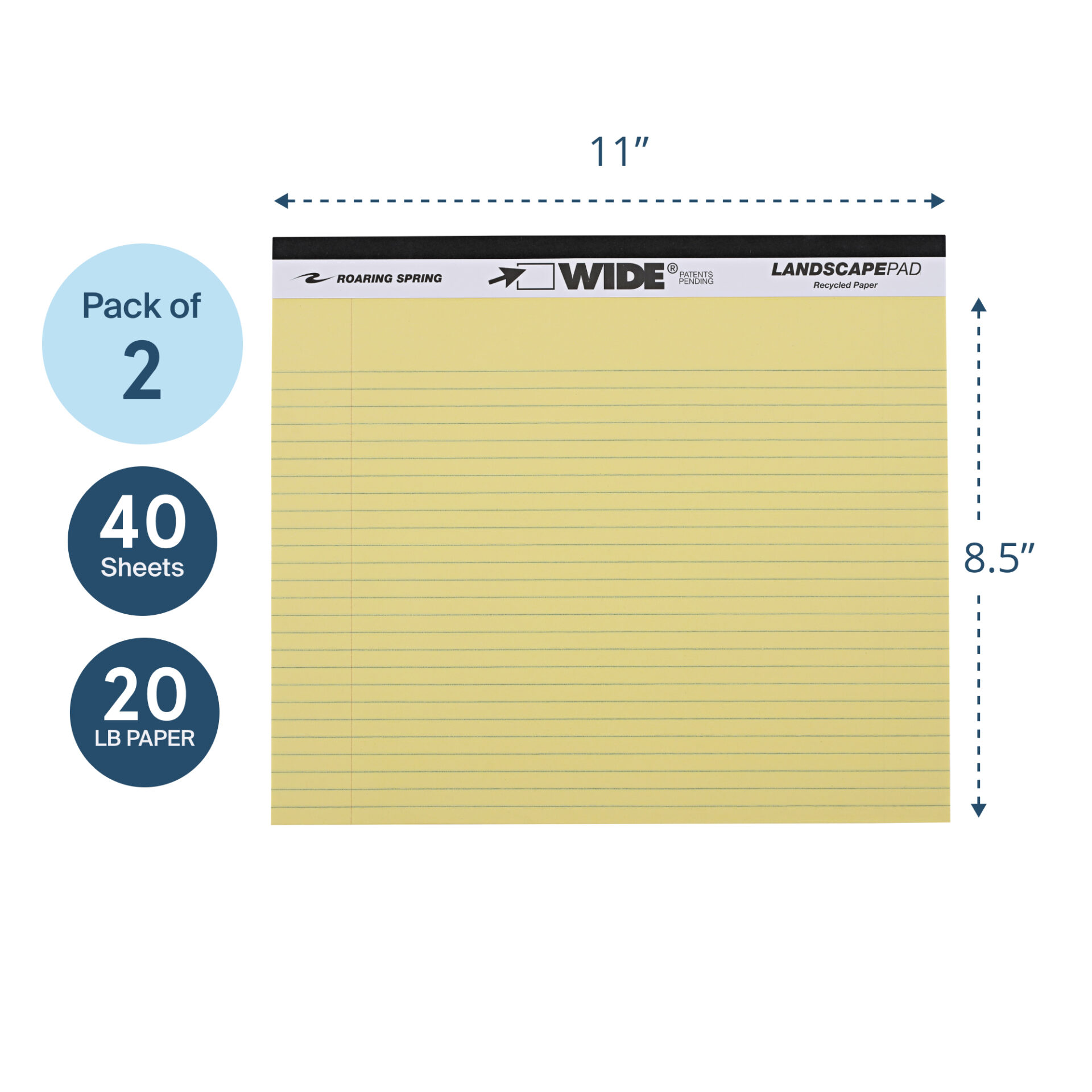 Wide® Recycled Landscape Legal Pads, College Ruled with Margin, Canary, Pack of 2
