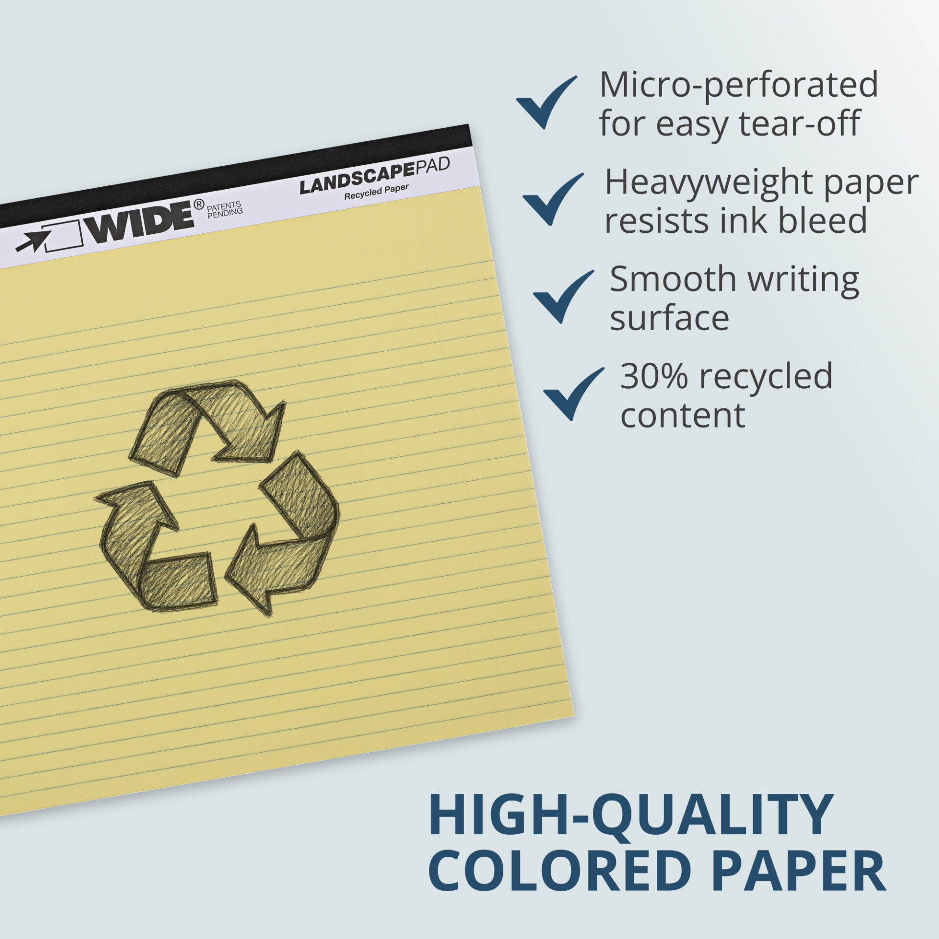 Wide® Recycled Landscape Legal Pads, College Ruled with Margin, Canary, Pack of 2