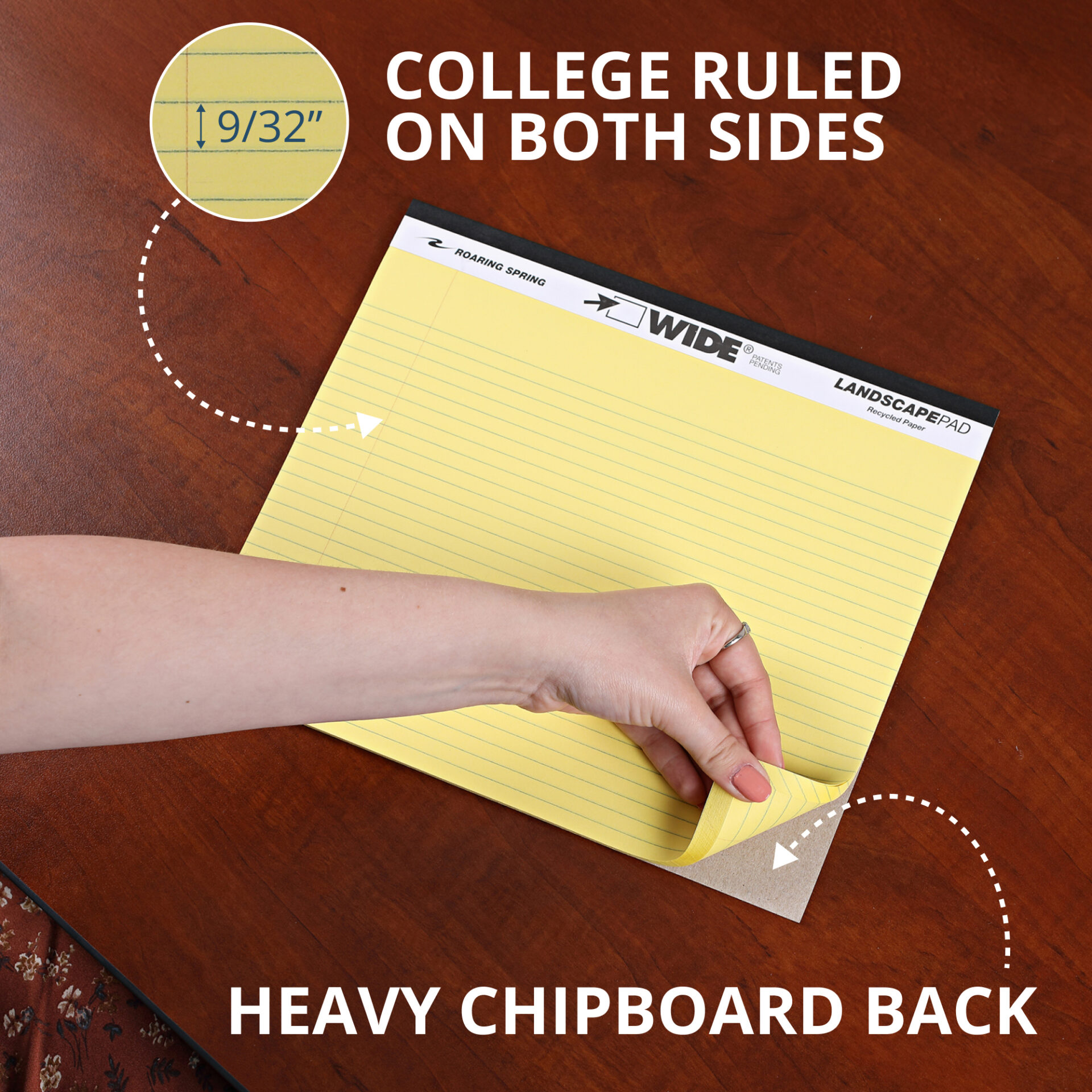 Wide® Recycled Landscape Legal Pads, College Ruled with Margin, Canary, Pack of 2