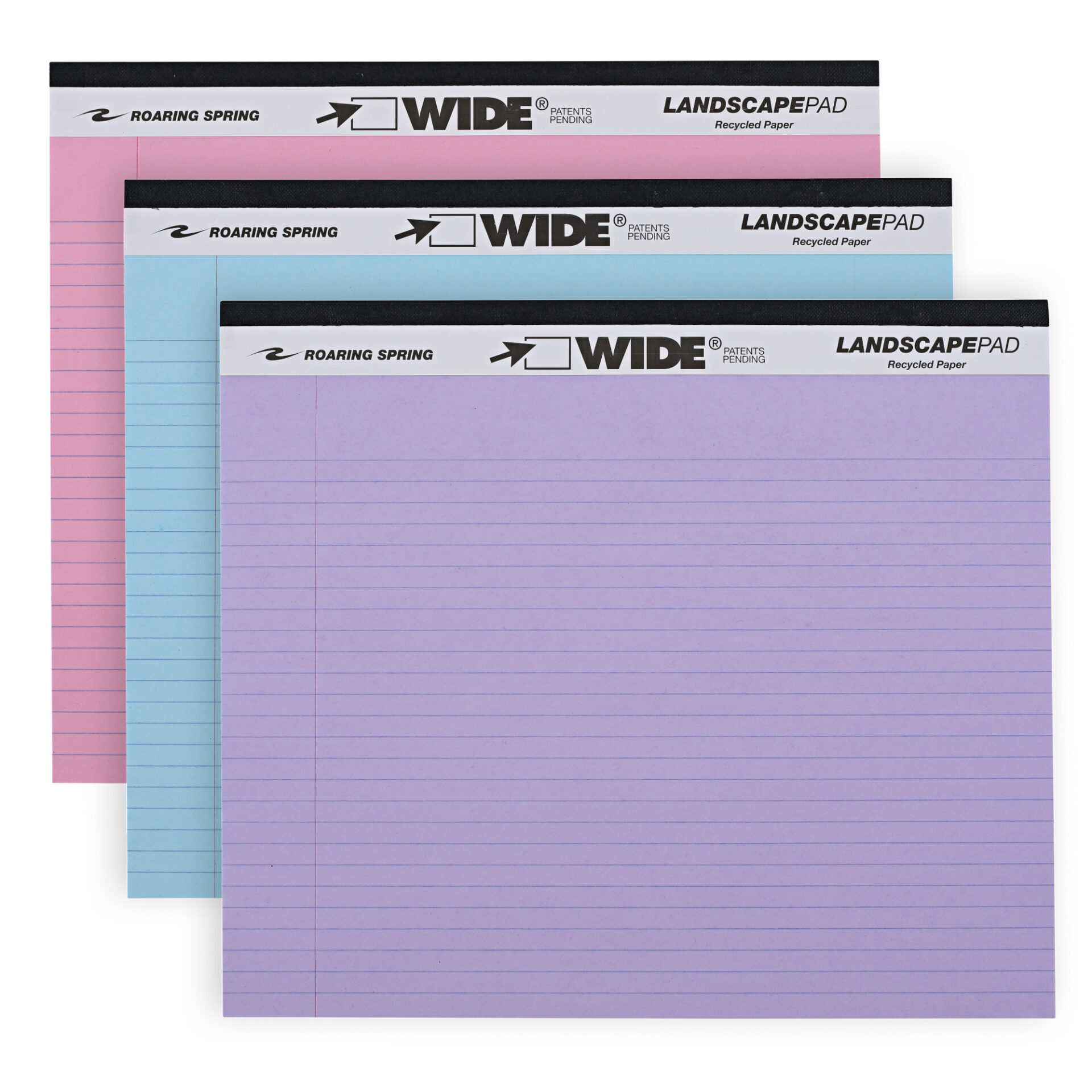 Wide® Recycled Landscape Legal Pads, College Ruled with Margin, Assorted Colors, Pack of 3