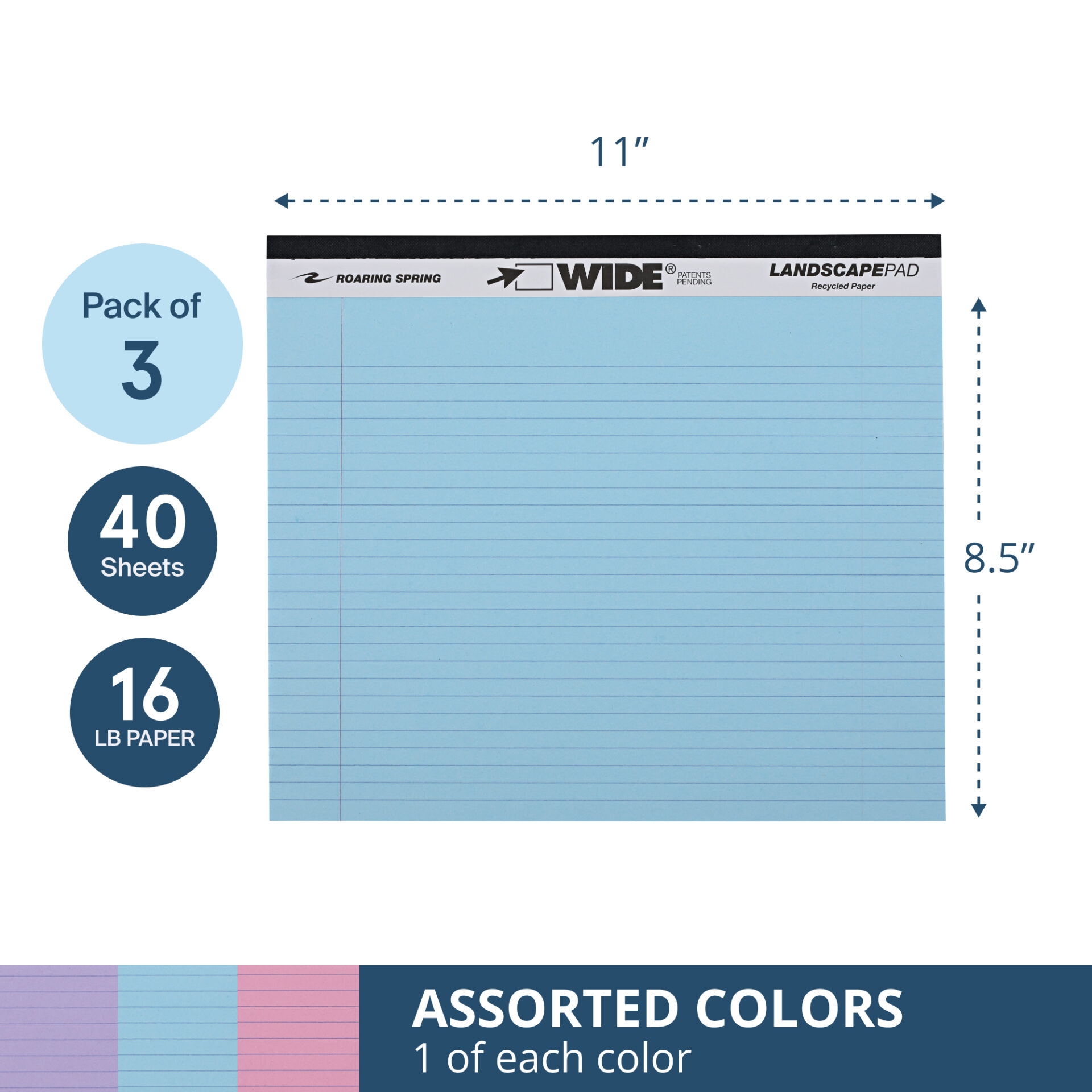 Wide® Recycled Landscape Legal Pads, College Ruled with Margin, Assorted Colors, Pack of 3