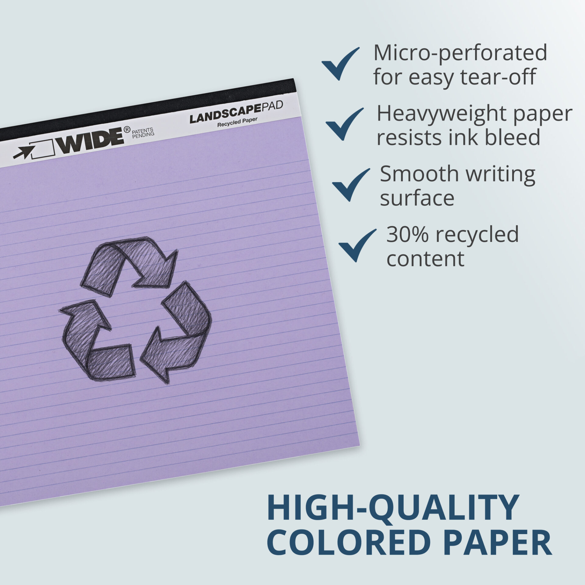 Wide® Recycled Landscape Legal Pads, College Ruled with Margin, Assorted Colors, Pack of 3